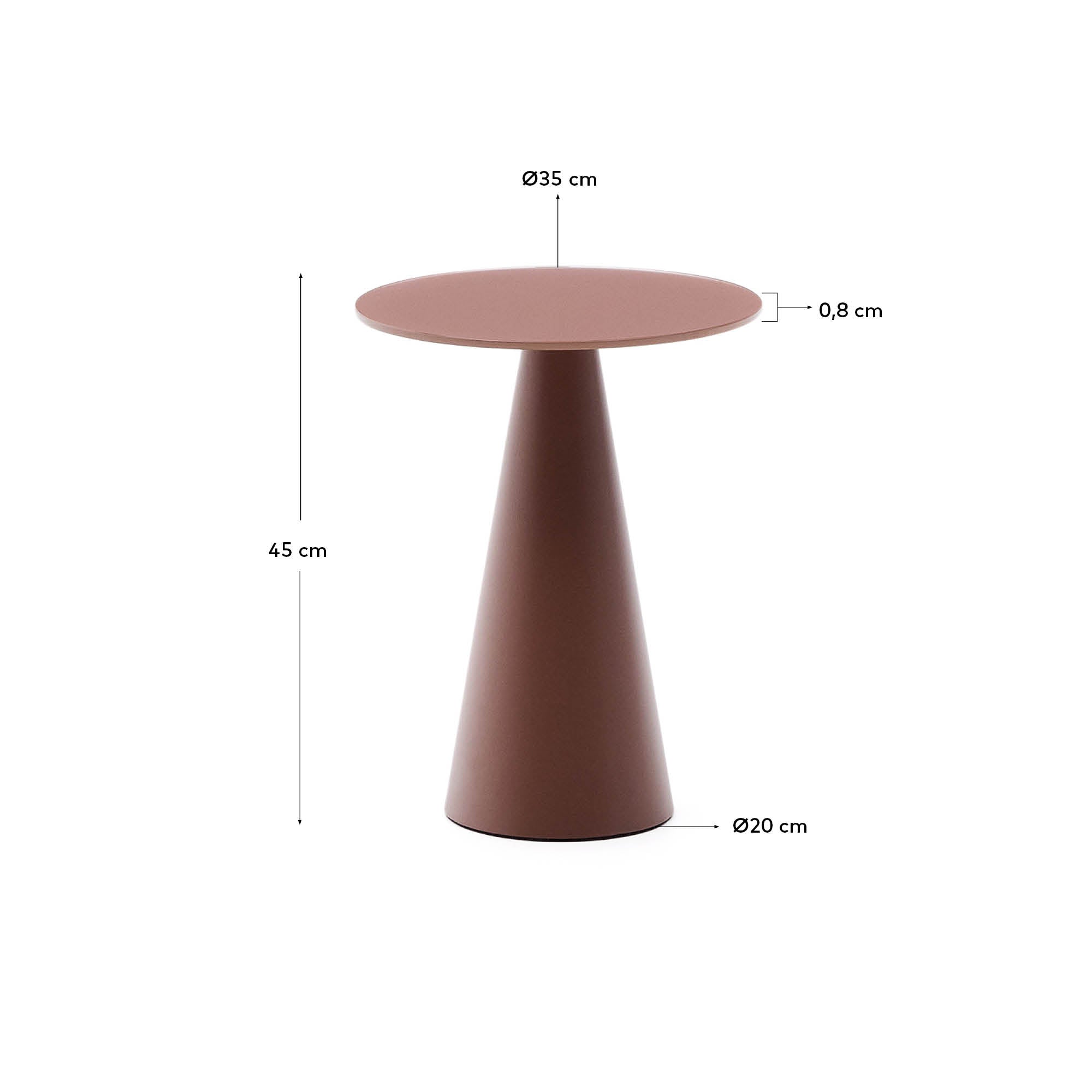 Wilshire side table with frosted tempered glass and matt terracotta painted steel finish Ø35cm - Measurements