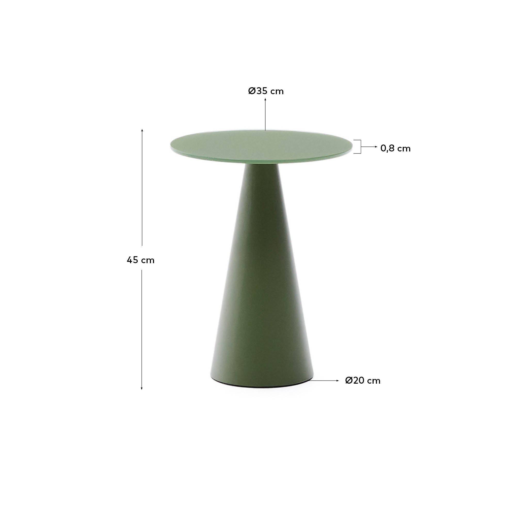 Wilshire side table with frosted tempered glass and matt green painted steel finish Ø35cm - Measurements