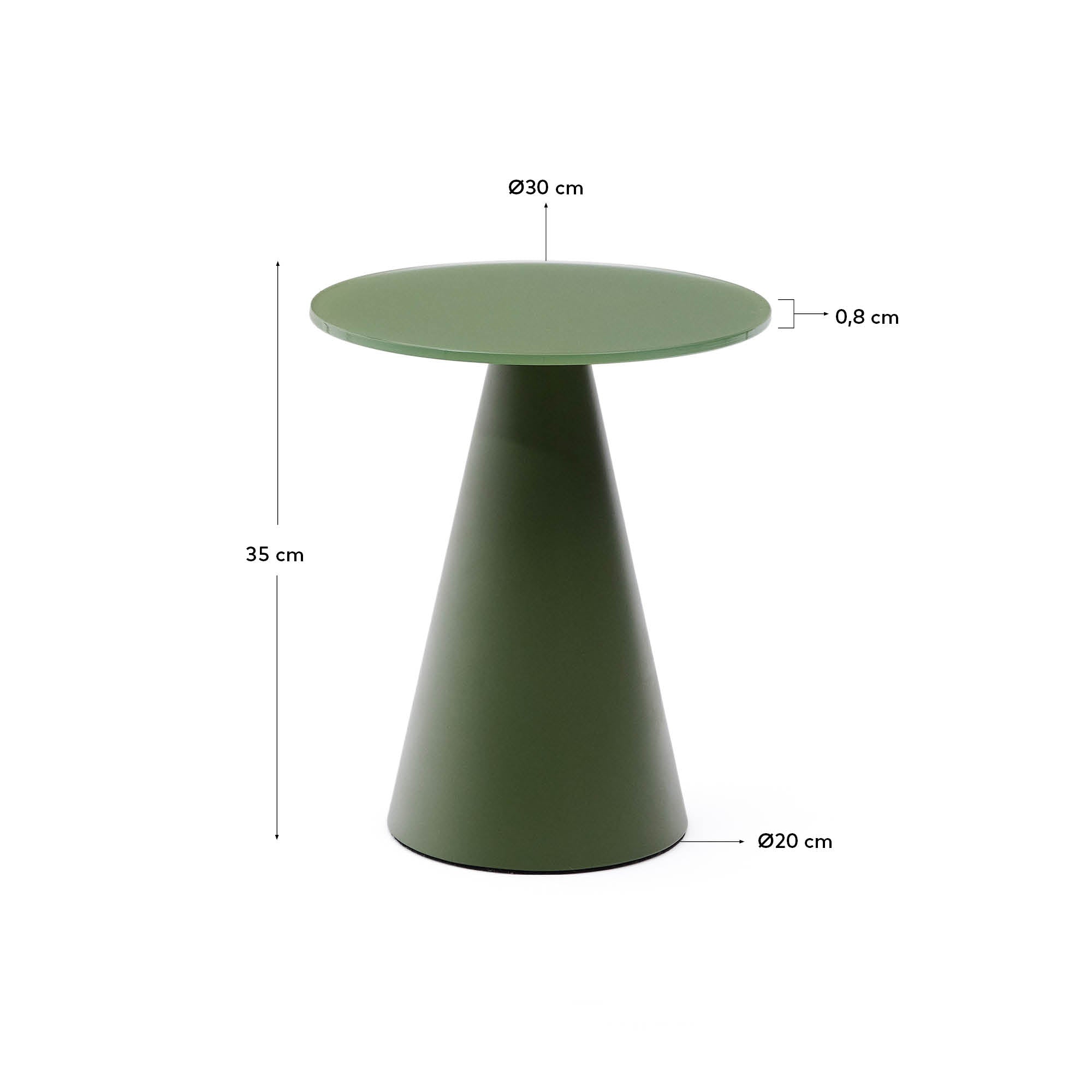 Wilshire side table with frosted tempered glass and matt green painted steel finish Ø30cm - Measurements