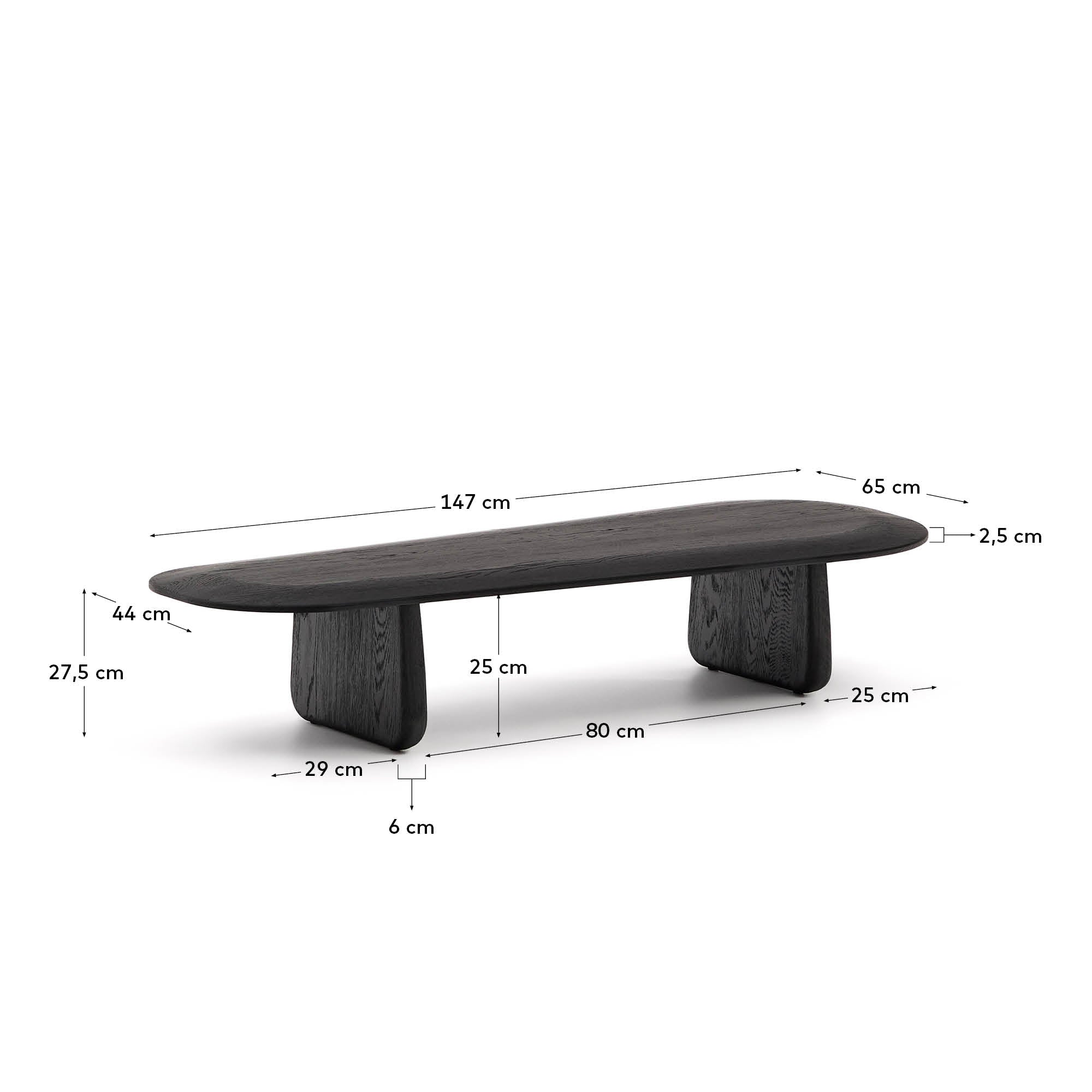 Pirita coffee table made from solid oak wood in a black finish, 146 x 56.5 cm FSC 100% - Measurements