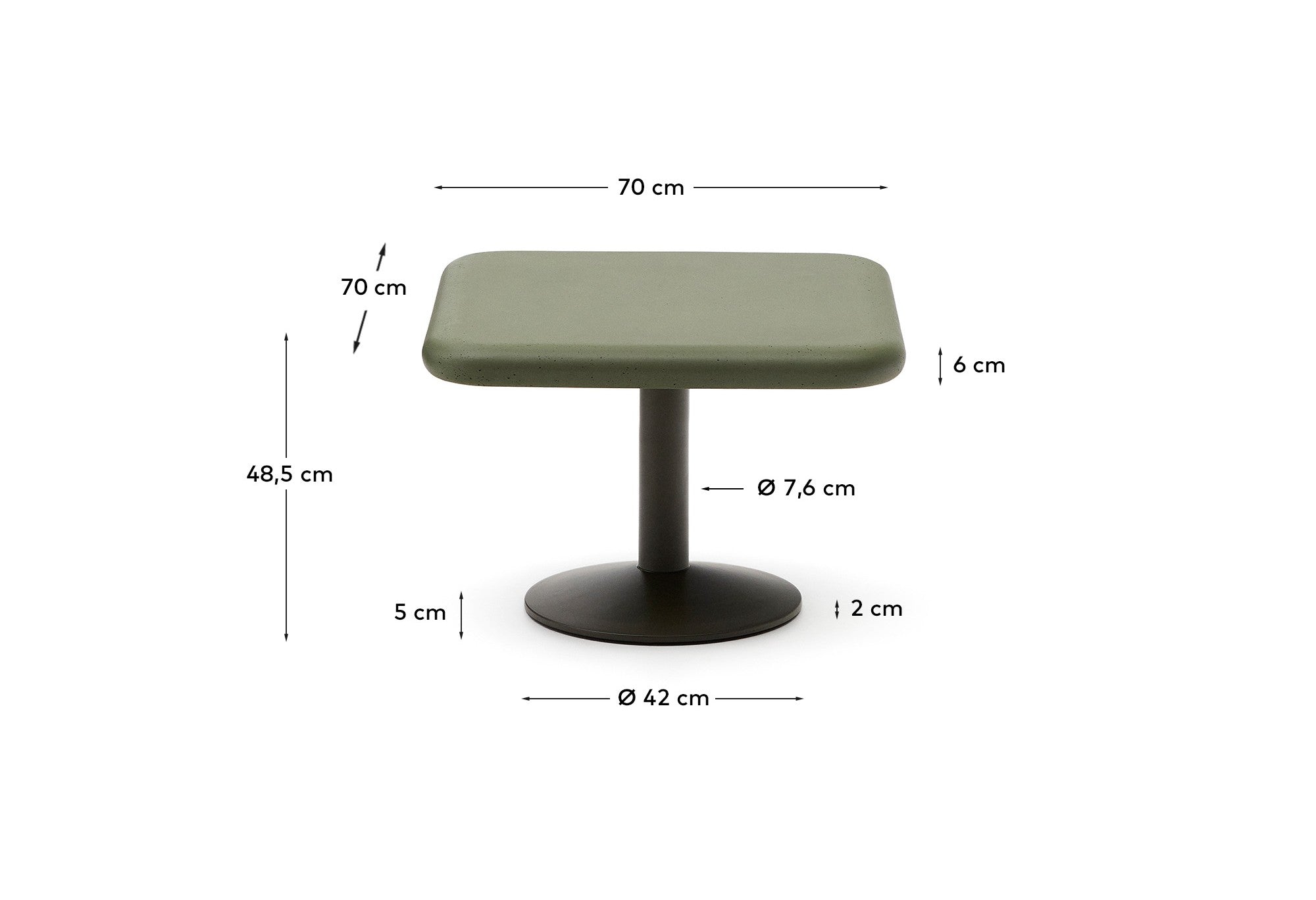 Esilda outdoor table with green cement top 70x70cm and green steel base Ø42x45cm - Measurements