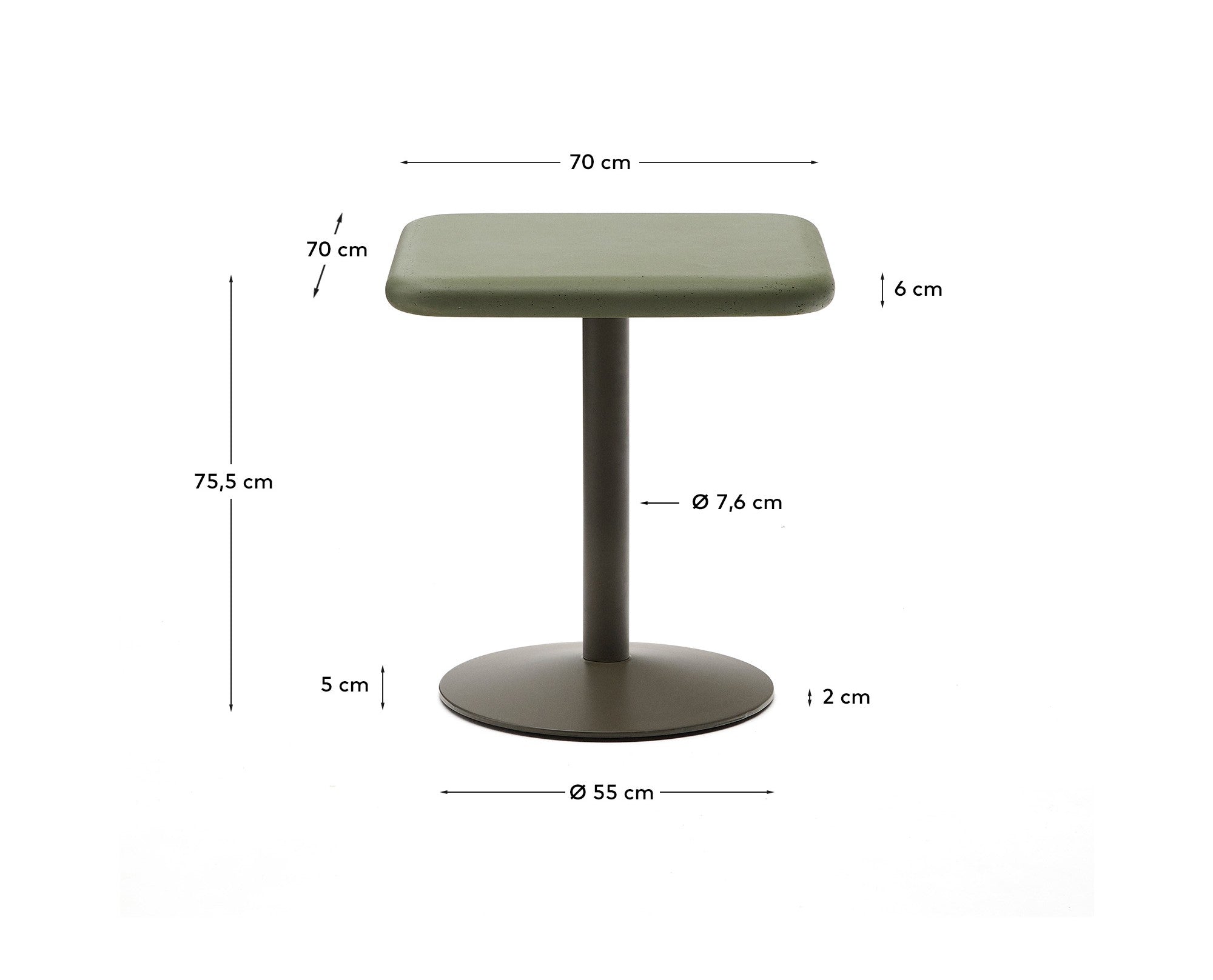 Esilda outdoor table with green cement top 70x70cm and green steel base Ø55x72cm - Measurements