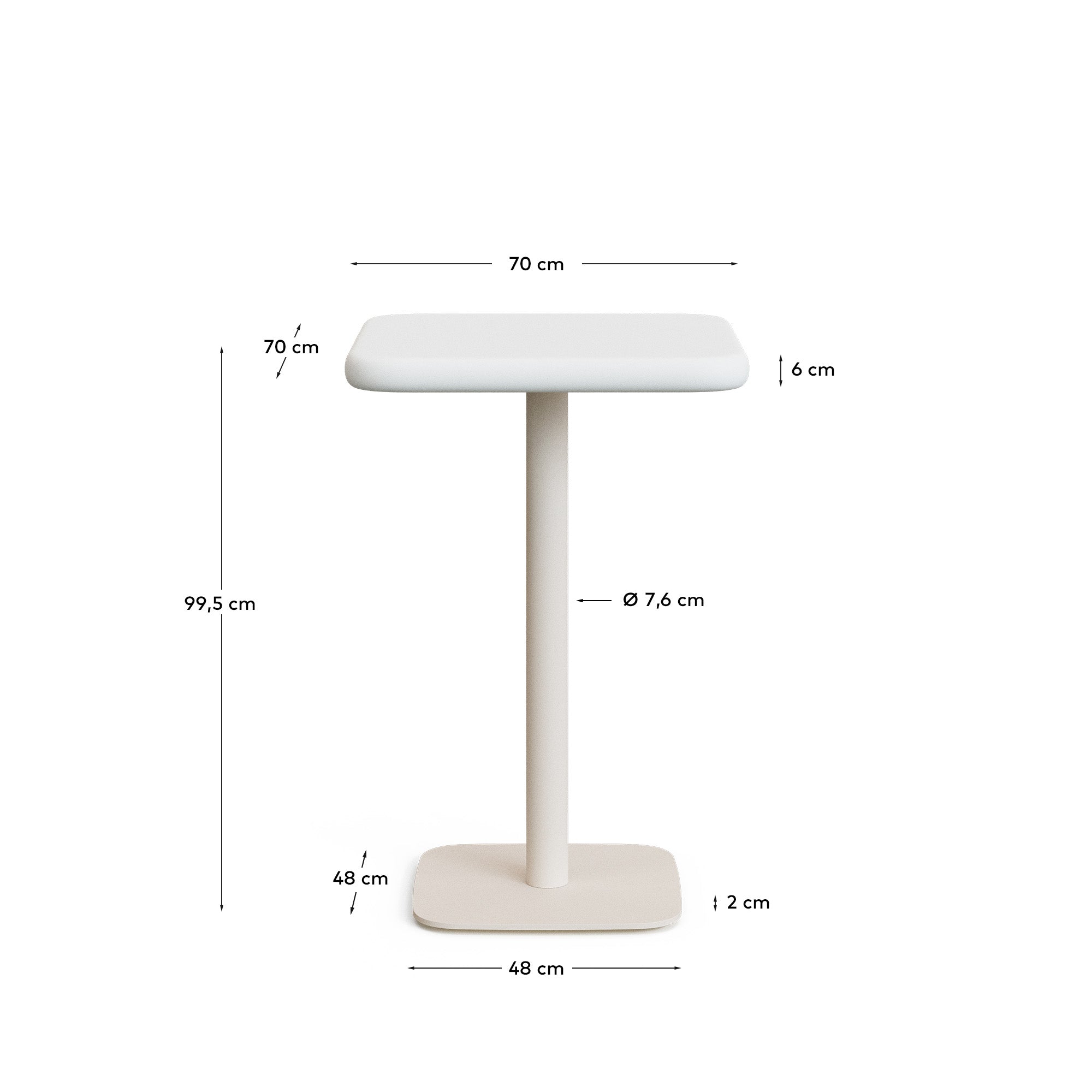 Dina outdoor tall table with white cement top 70x70cm and white steel base 48x48x96cm - Measurements