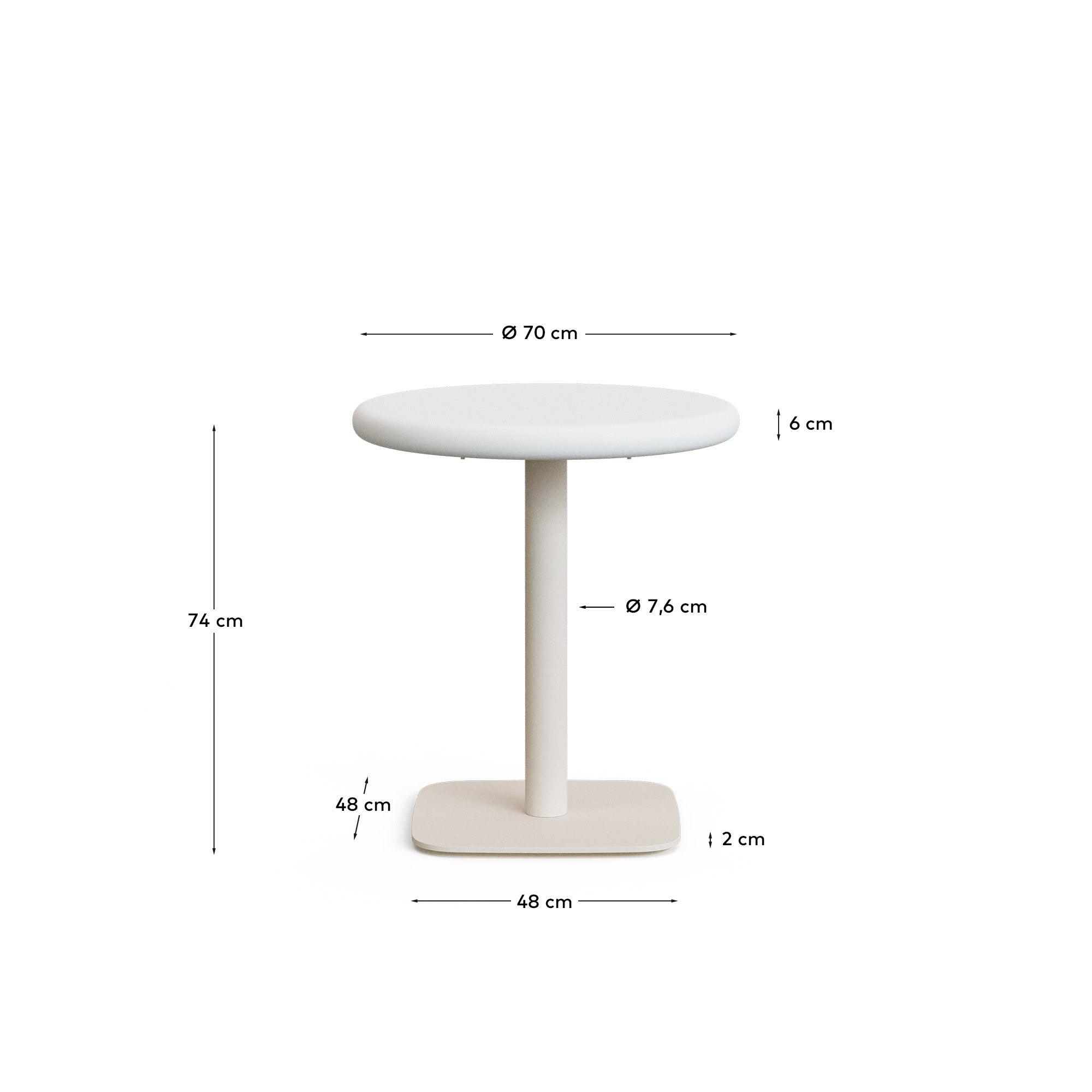 Dina outdoor round table with white cement top Ø70cm and white steel base 48x48x72cm - Measurements