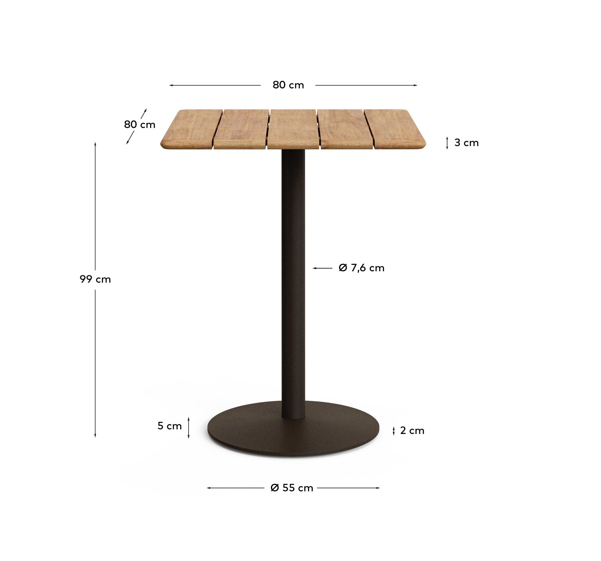 Esilda outdoor tall table with FSC 100% acacia top 80x80cm and green steel base Ø55x96cm - Measurements