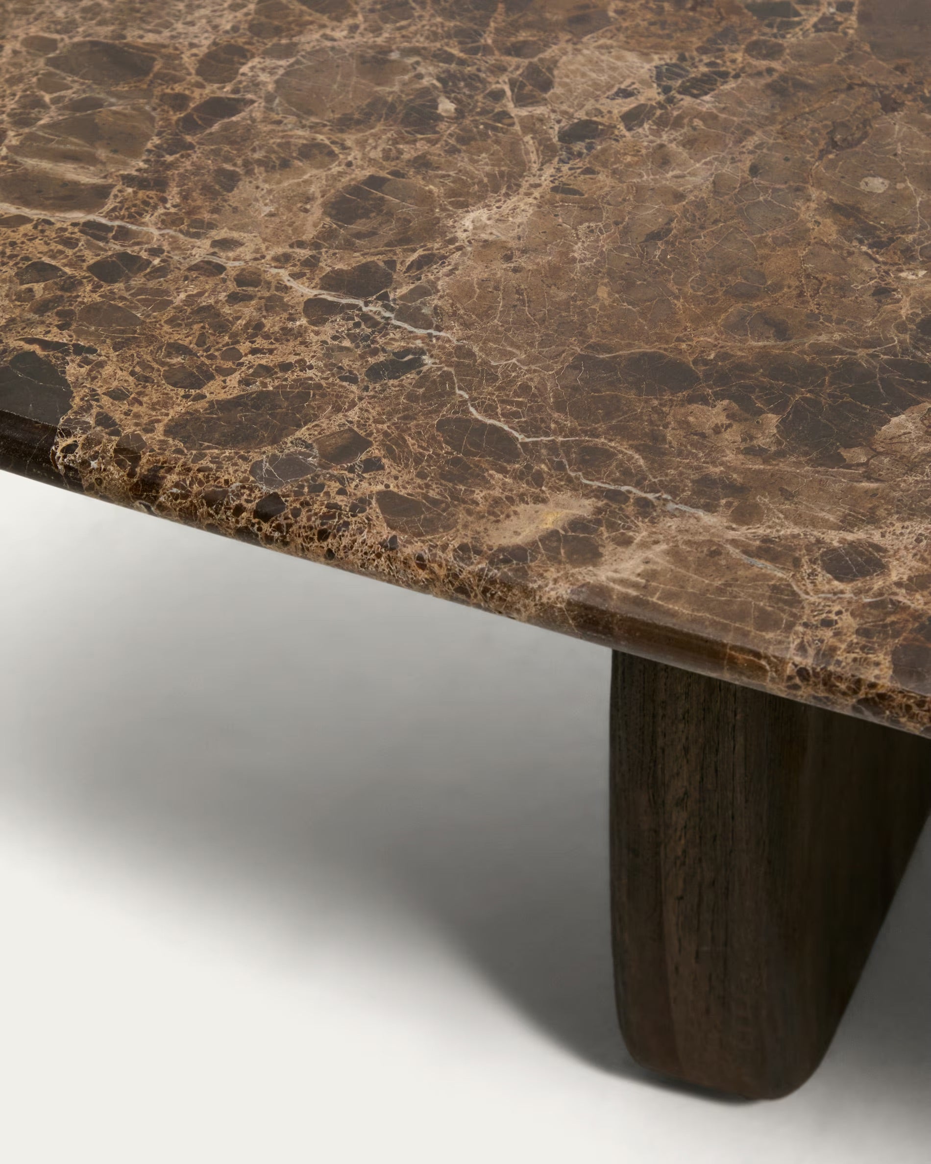 Pirita coffee table in brown marble with solid oak wood legs with a dark finish 147 x 65cm FSC 100%