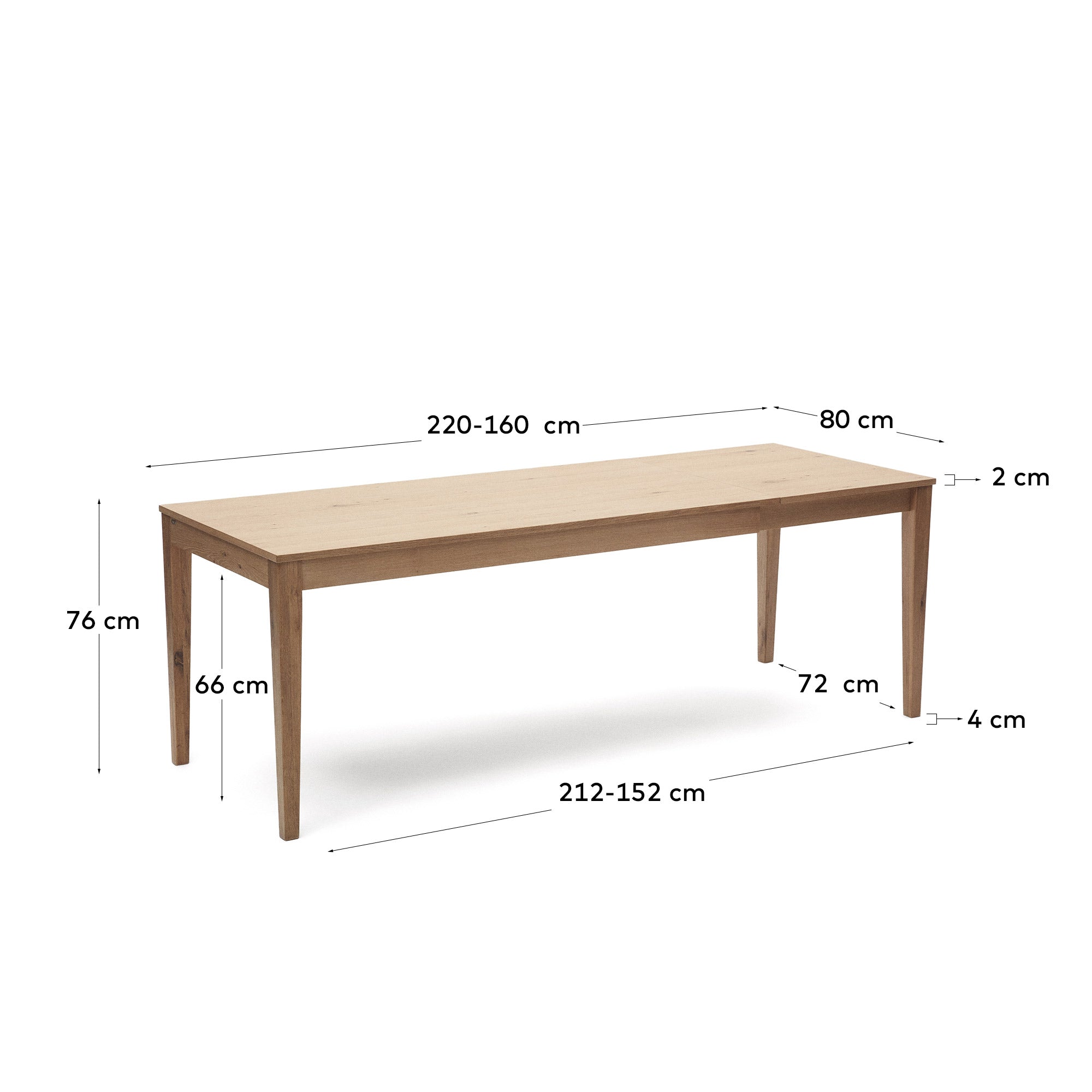 Yain extendable table with oak veneer and solid oak, 160 (220) x 80 cm - Measurements