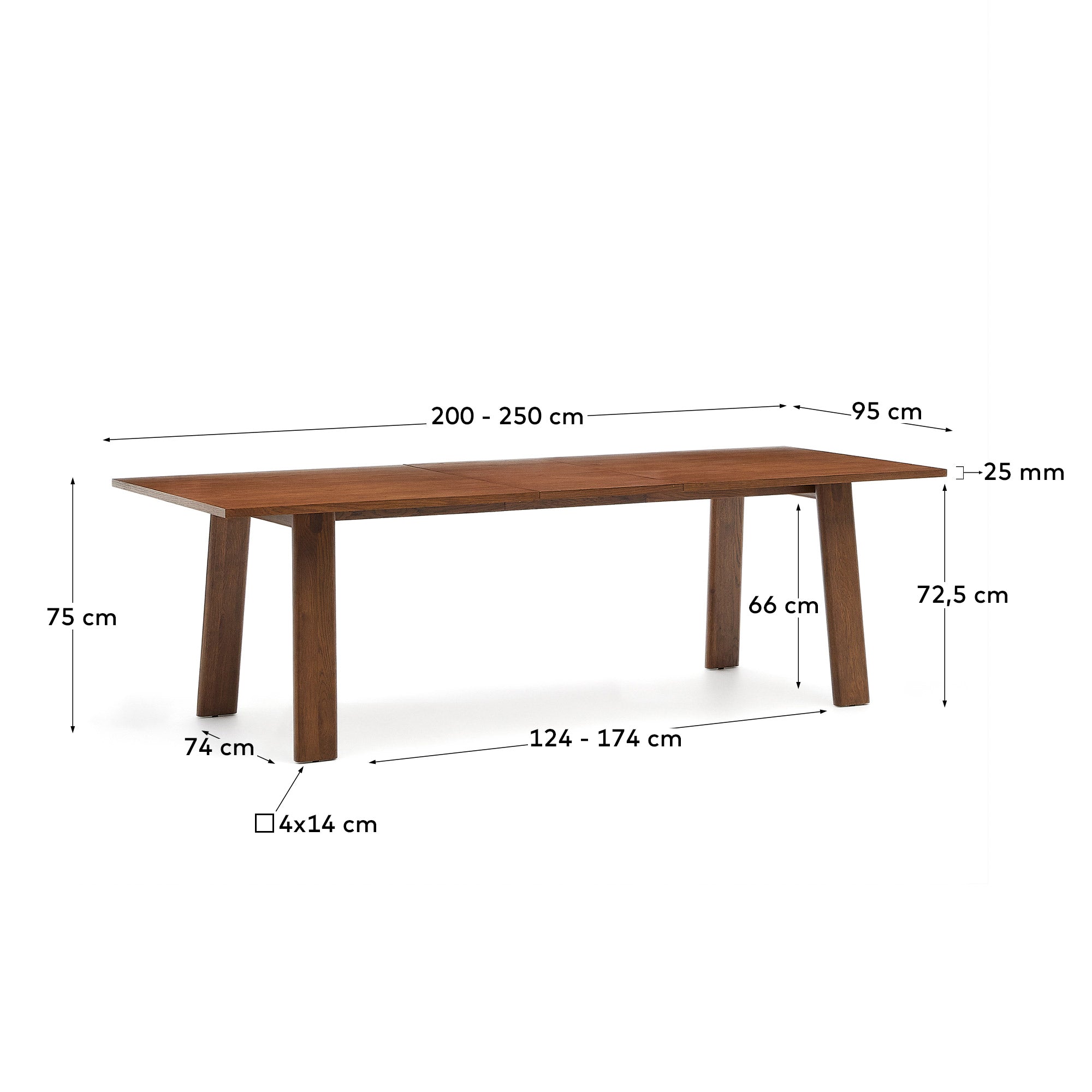 Arlen extendable table in solid oak wood and veneer with a walnut finish 200(250) 95 cm FSC Mix Credit - Measurements