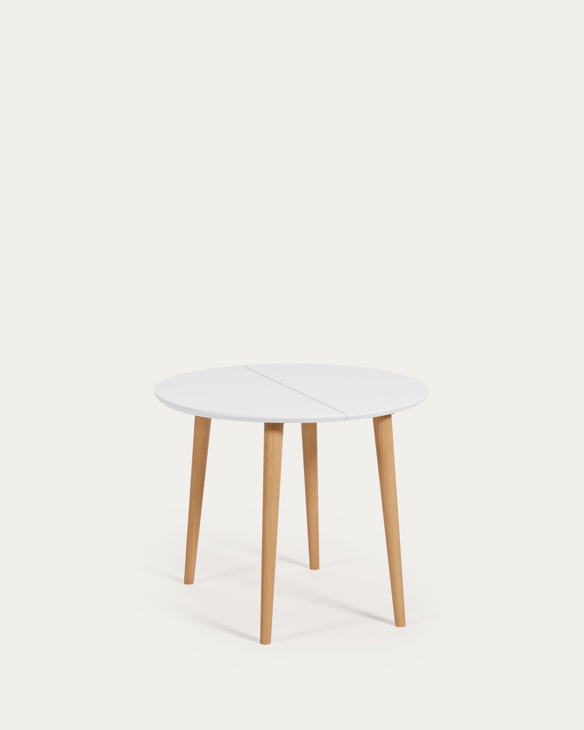 Oqui extendable round table in MDF with white lacquer and solid beech wood legs, 90 (170) x 90 cm - Product View