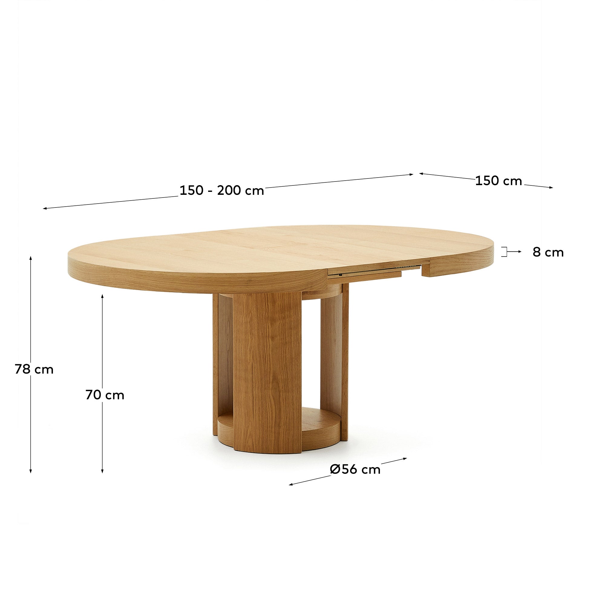 Artis extendable round table in solid oak wood and veneer, 150 (200) cm x 80 cm FSC 100% - Measurements