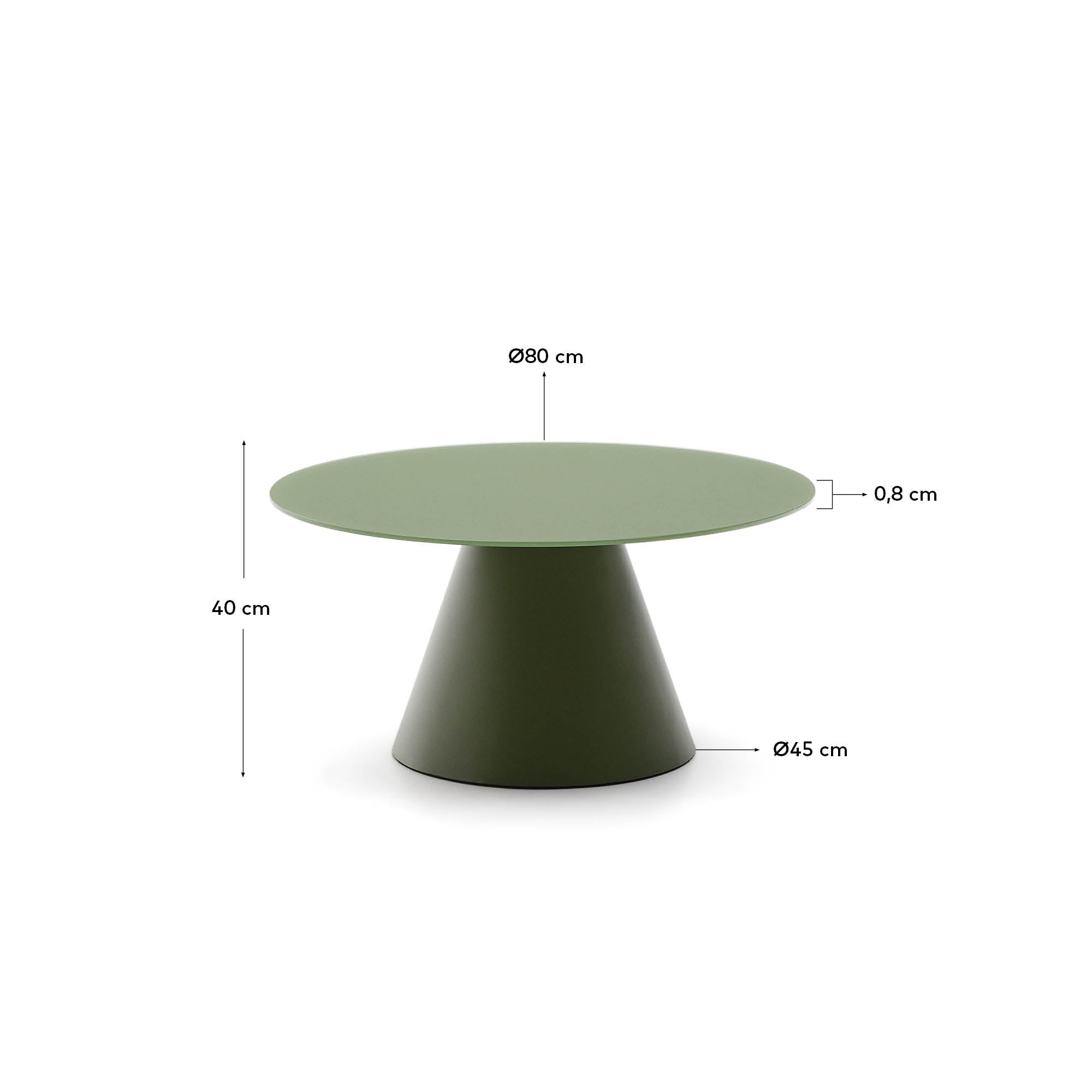 Wilshire coffee table with frosted tempered glass and matt green painted steel finish Ø80cm - Measurements