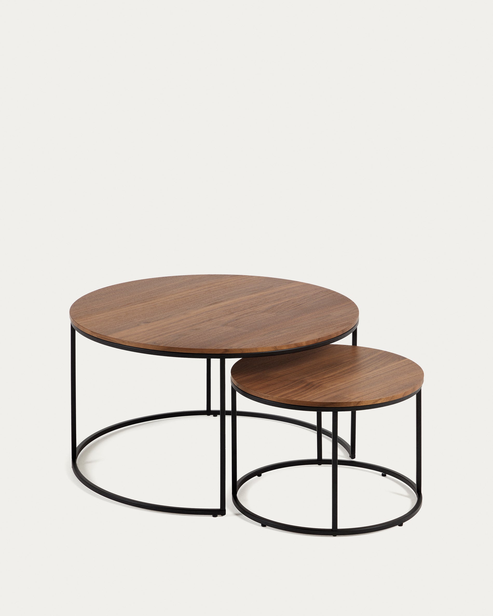 Yoana set of 2 nesting side tables with walnut veneer and black metal, Ø 80 cm / Ø 50 cm - Product View