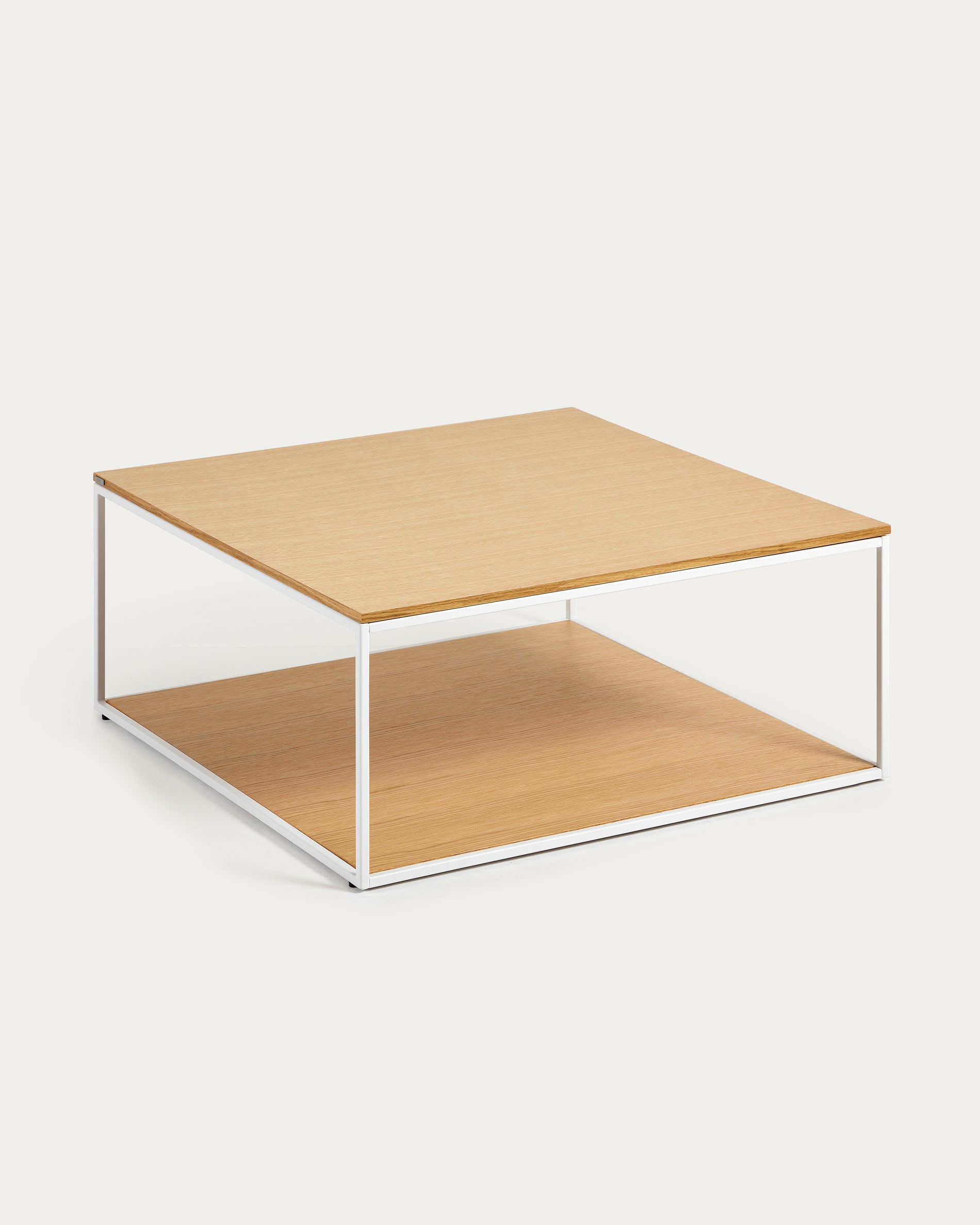 Yoana coffee table with oak veneer table top and base, white metal structure, 80 x 80 cm - Product View