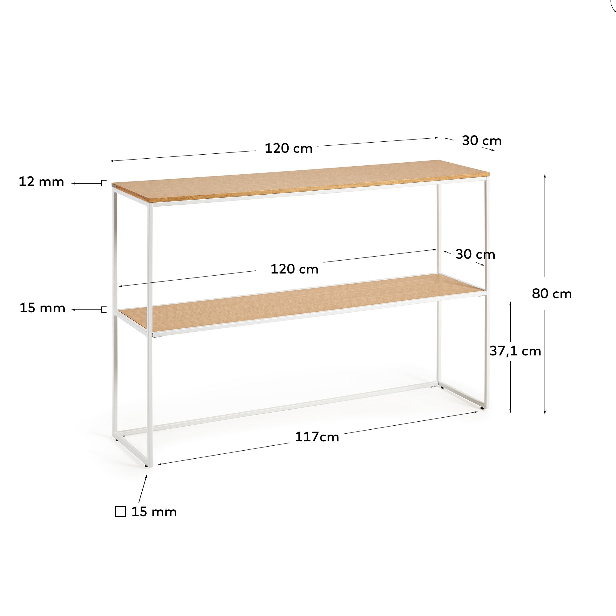 Yoana console table with oak veneer and painted white metal structure, 120 x 80 cm - Measurements