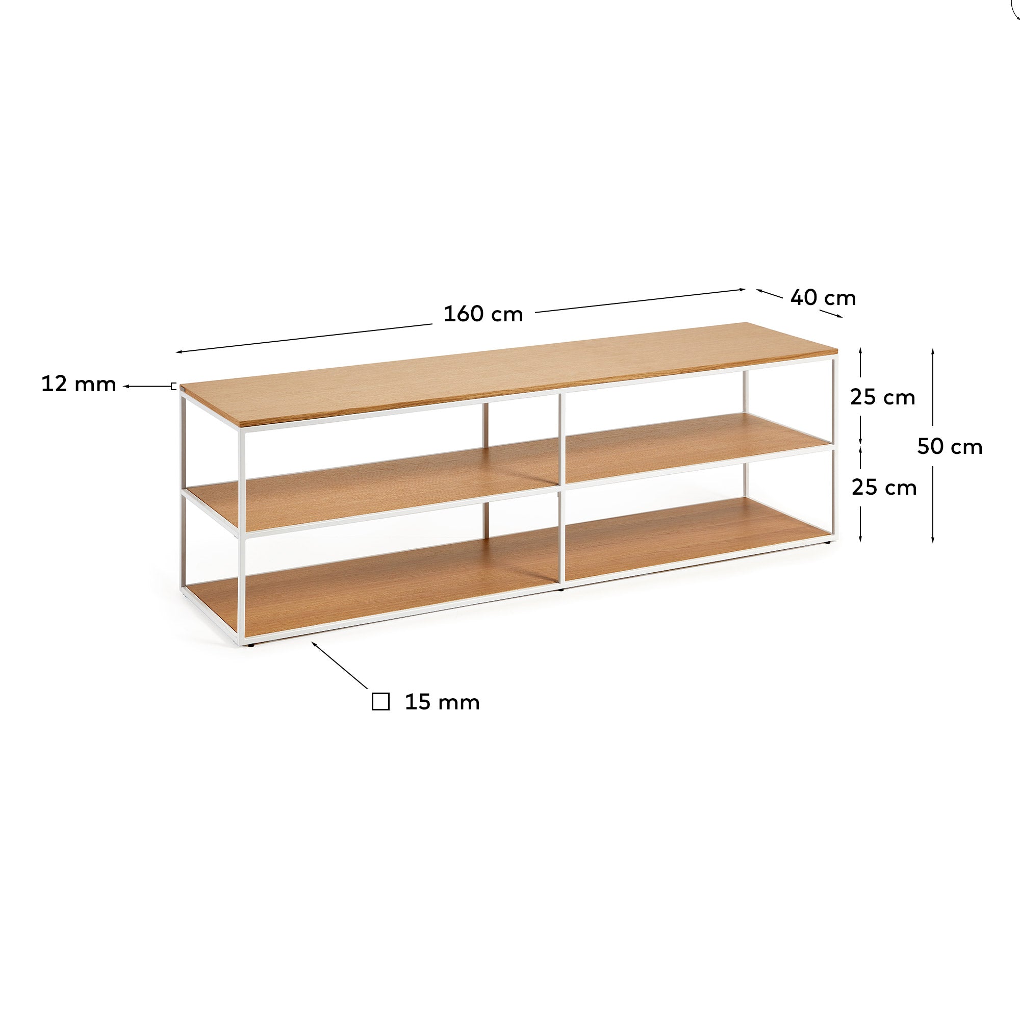 Yoana TV stand with oak veneer and painted white metal structure, 160 x 40 cm - Measurements