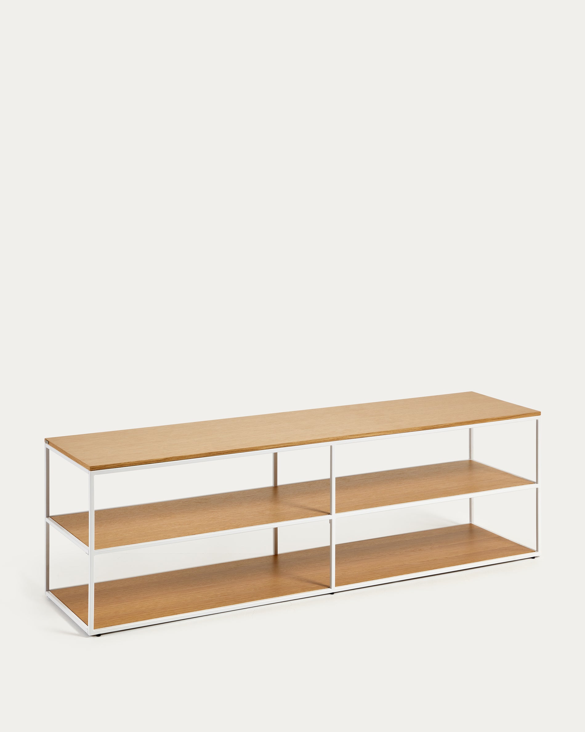 Yoana TV stand with oak veneer and painted white metal structure, 160 x 40 cm - Product View
