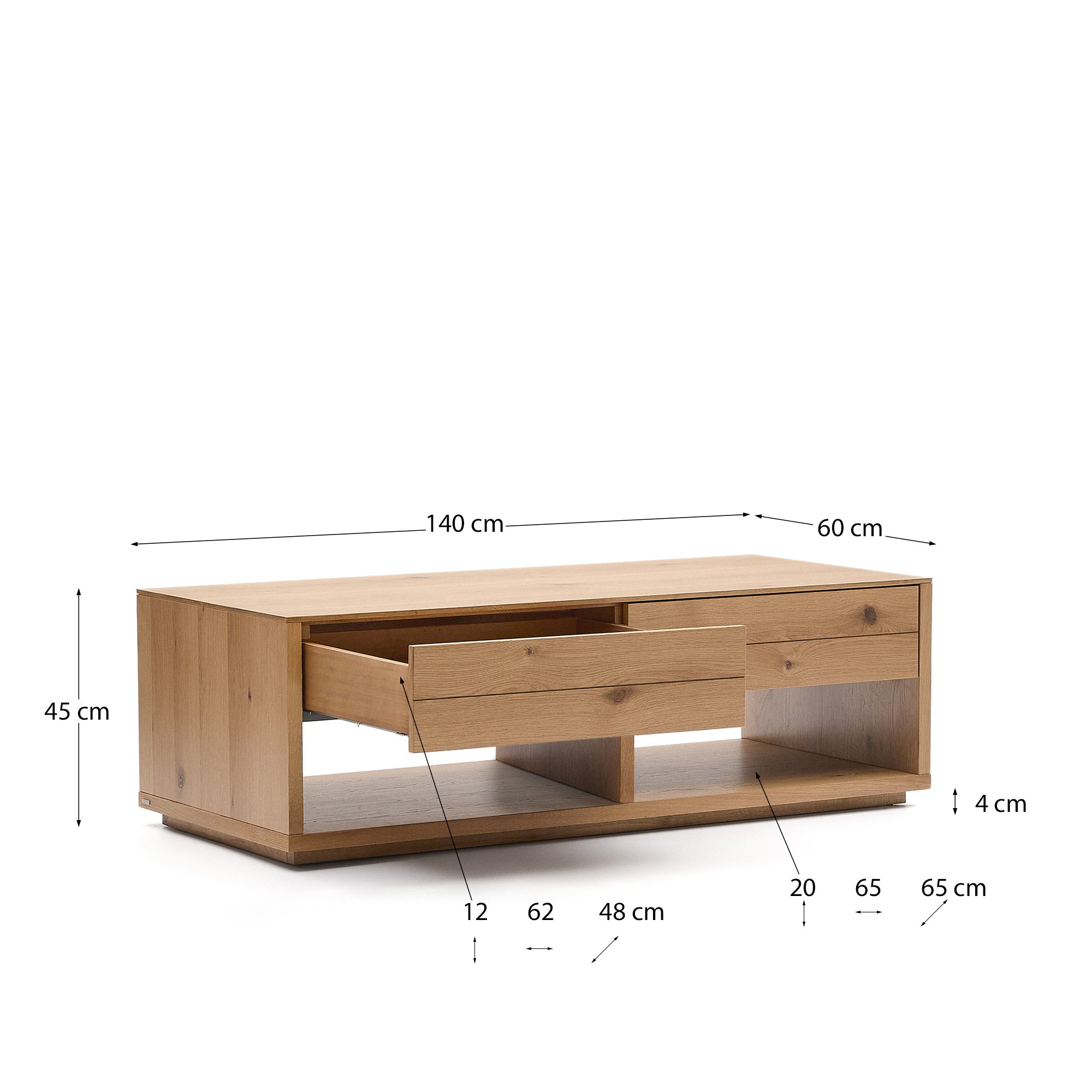 Alguema coffee table 2 drawers in oak veneer with natural finish 140 x 60 cm - Measurements