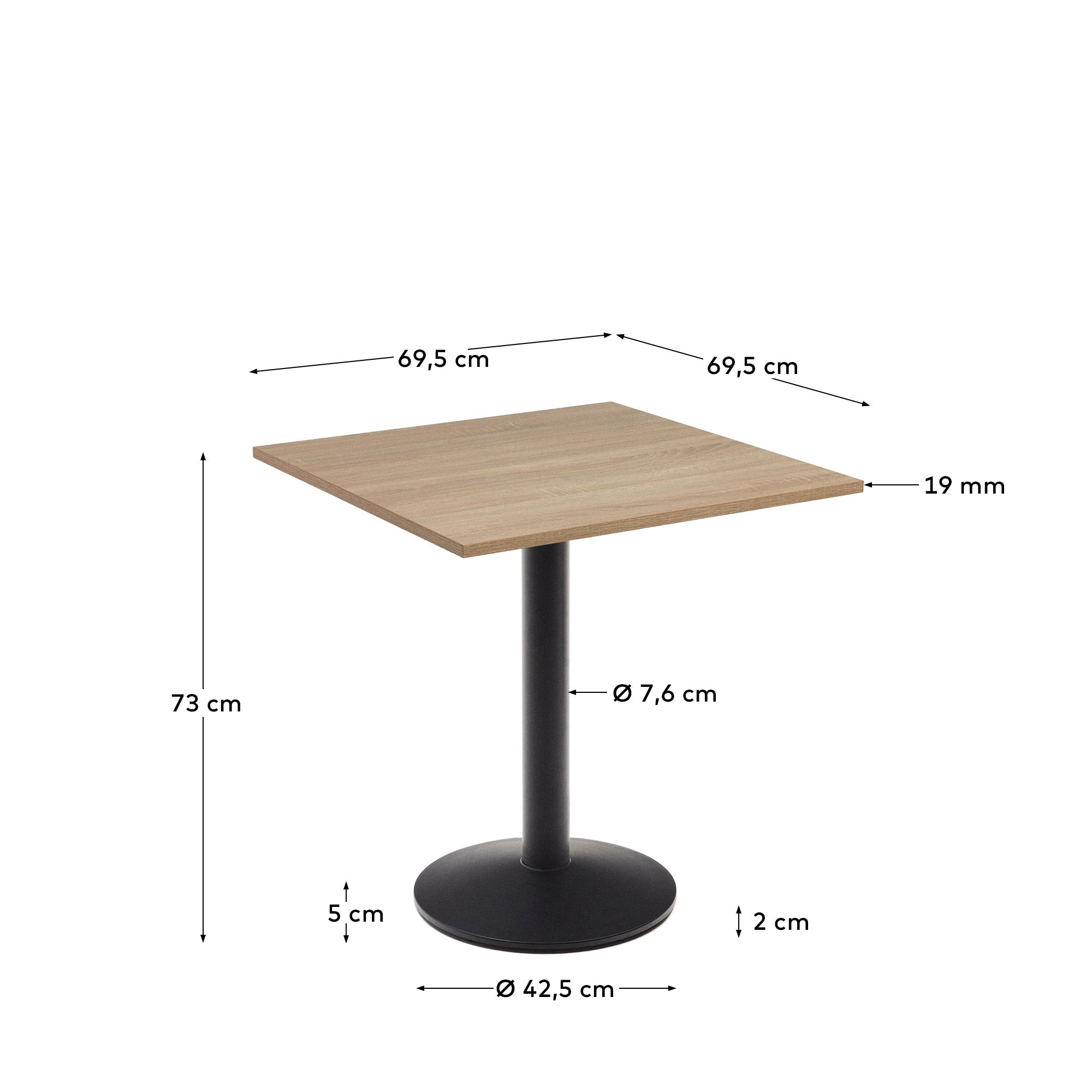Esilda table in natural finish melamine with metal leg in a painted black finish, 70x70x70 cm - Measurements