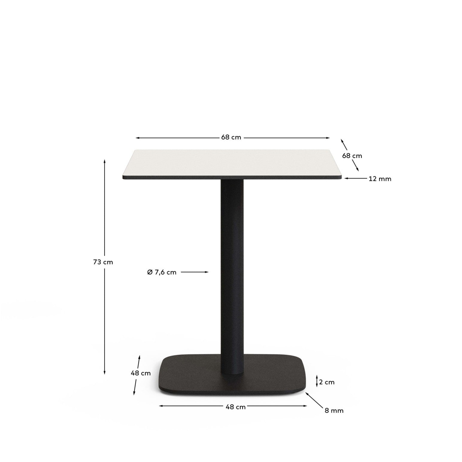 Dina outdoor table in white with metal legal in a painted white finish, 68 x 68 x 70 cm - Measurements