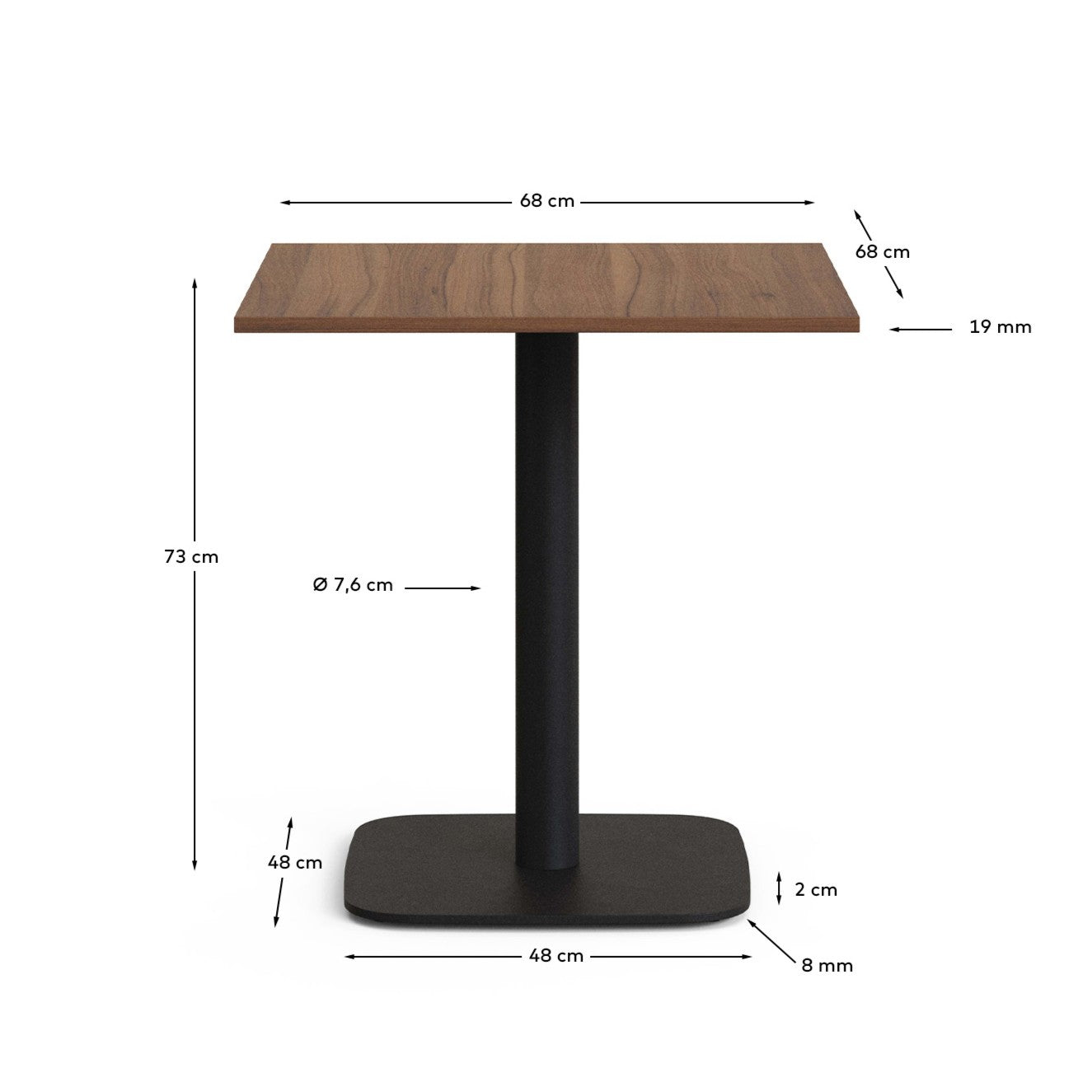 Dina table in walnut finish melamine with metal leg in a painted black finish, 70 x 70 x 70 cm - Measurements