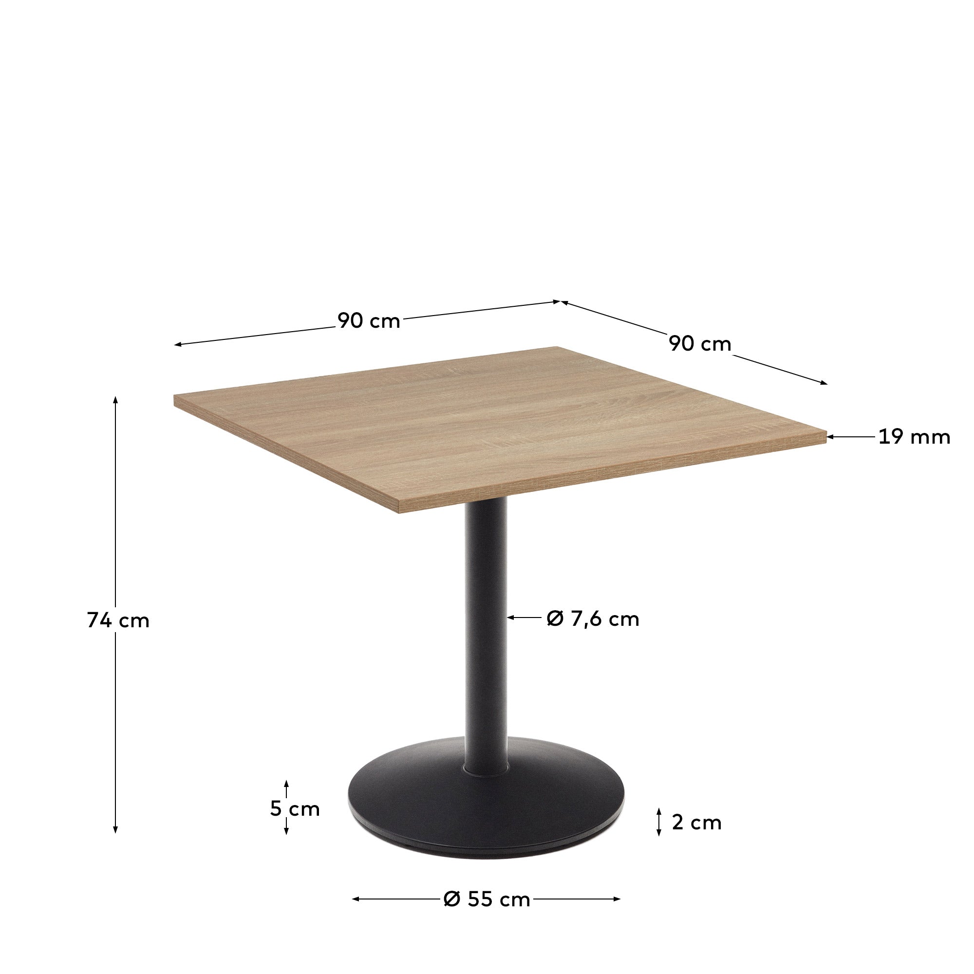 Esilda table in natural finish melamine with metal leg in a painted black finish, 90x90x70 cm - Measurements