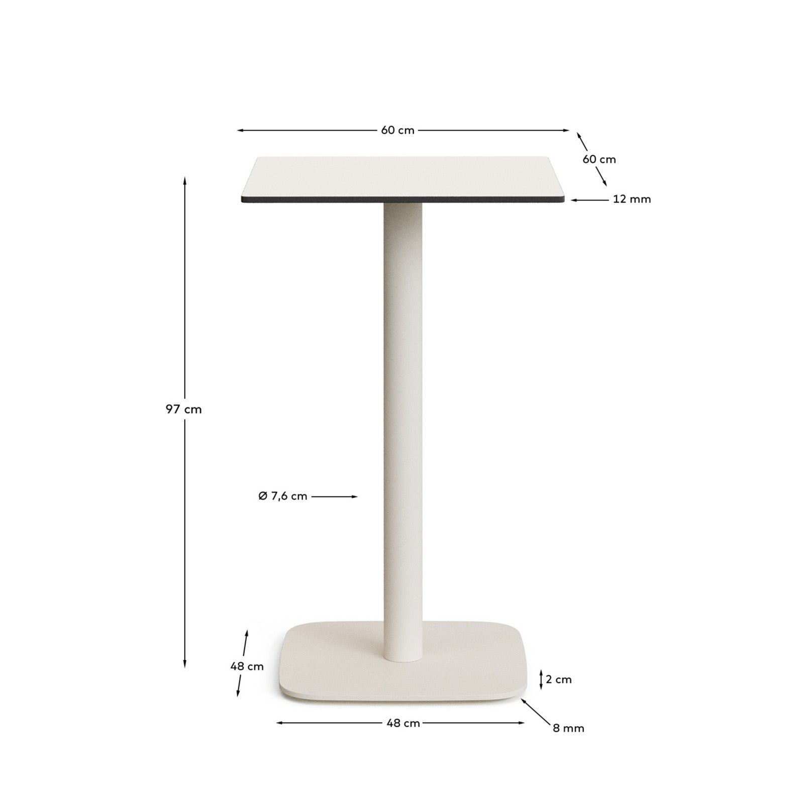 Dina high outdoor table in white with metal leg in a painted white finish, 60x60x96 cm - Measurements