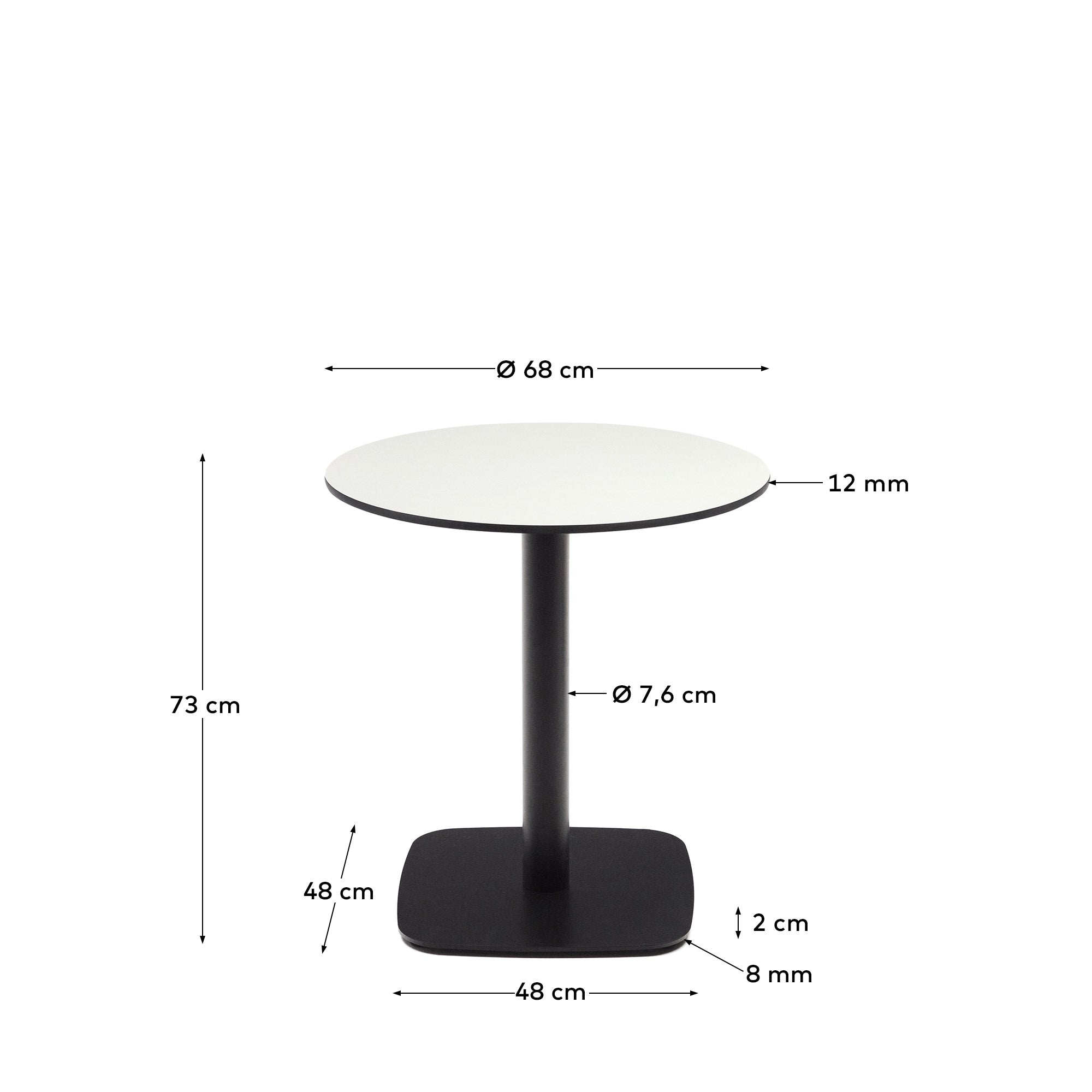 Dina round outdoor table in white with metal legal in a painted black finish, Ø 68x70 cm - Measurements