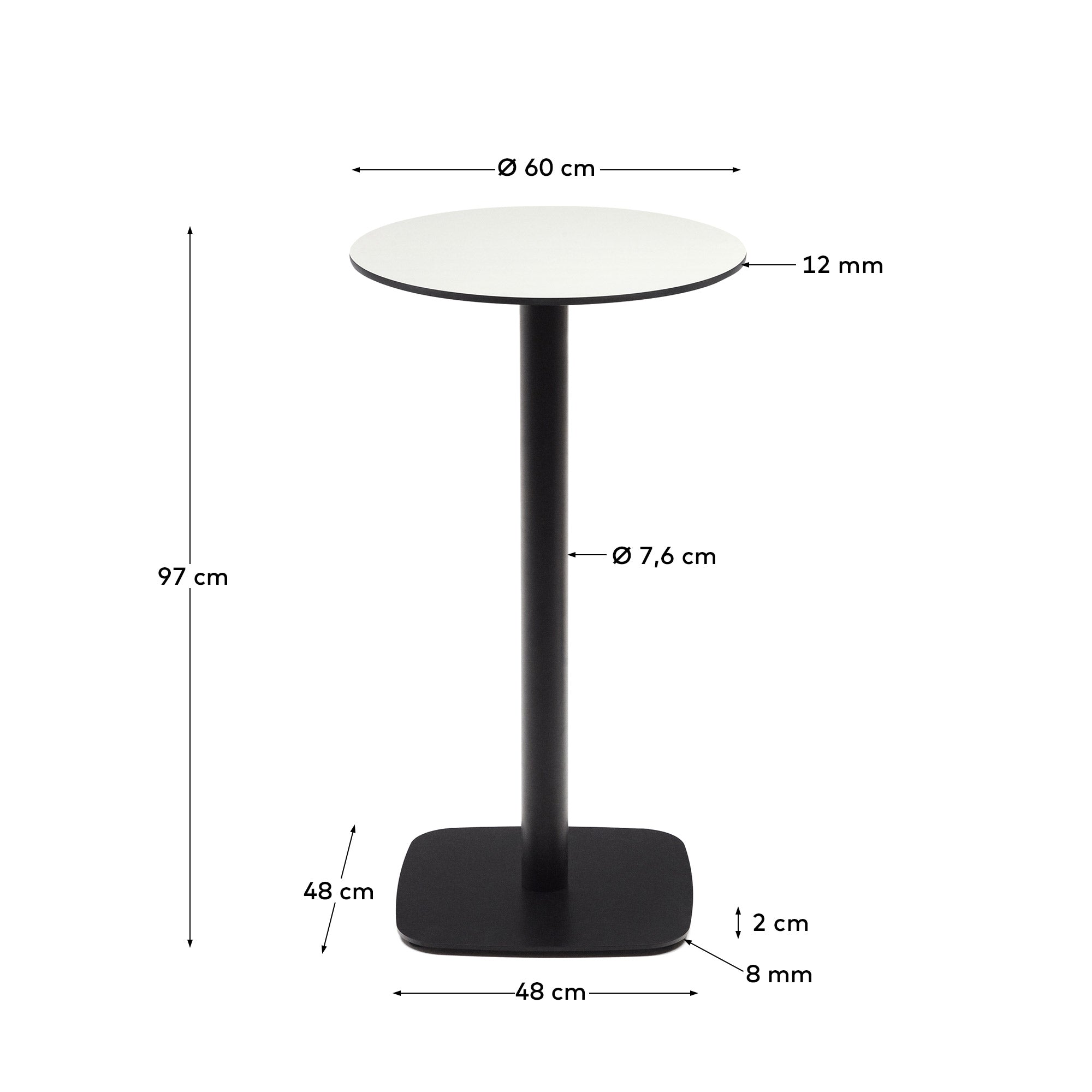 Dina high round outdoor table in white with metal leg in a painted black finish, Ø60x96 cm - Measurements
