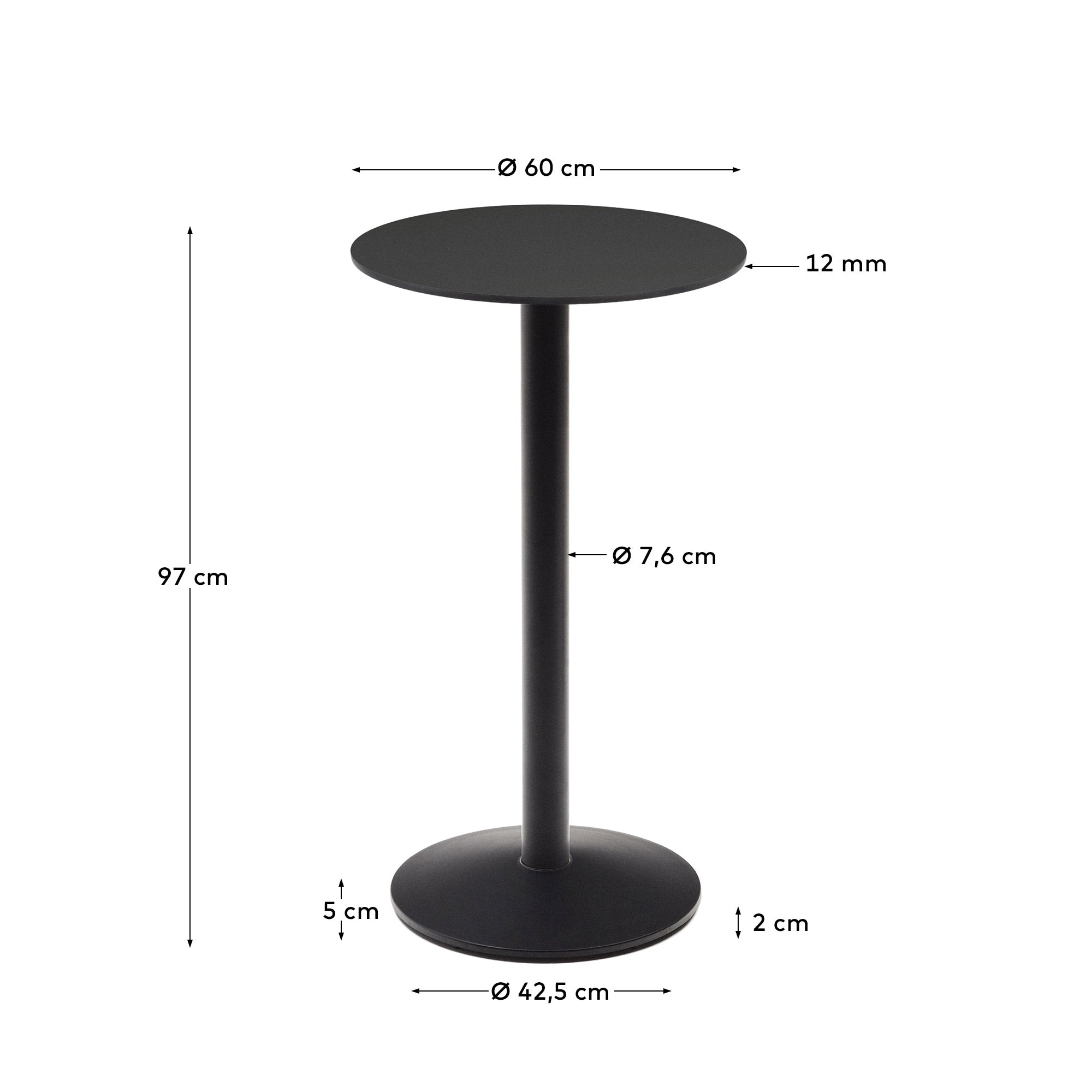 Esilda high round outdoor table in black with metal leg in a painted black finish, Ø 60 x 96 cm - Measurements