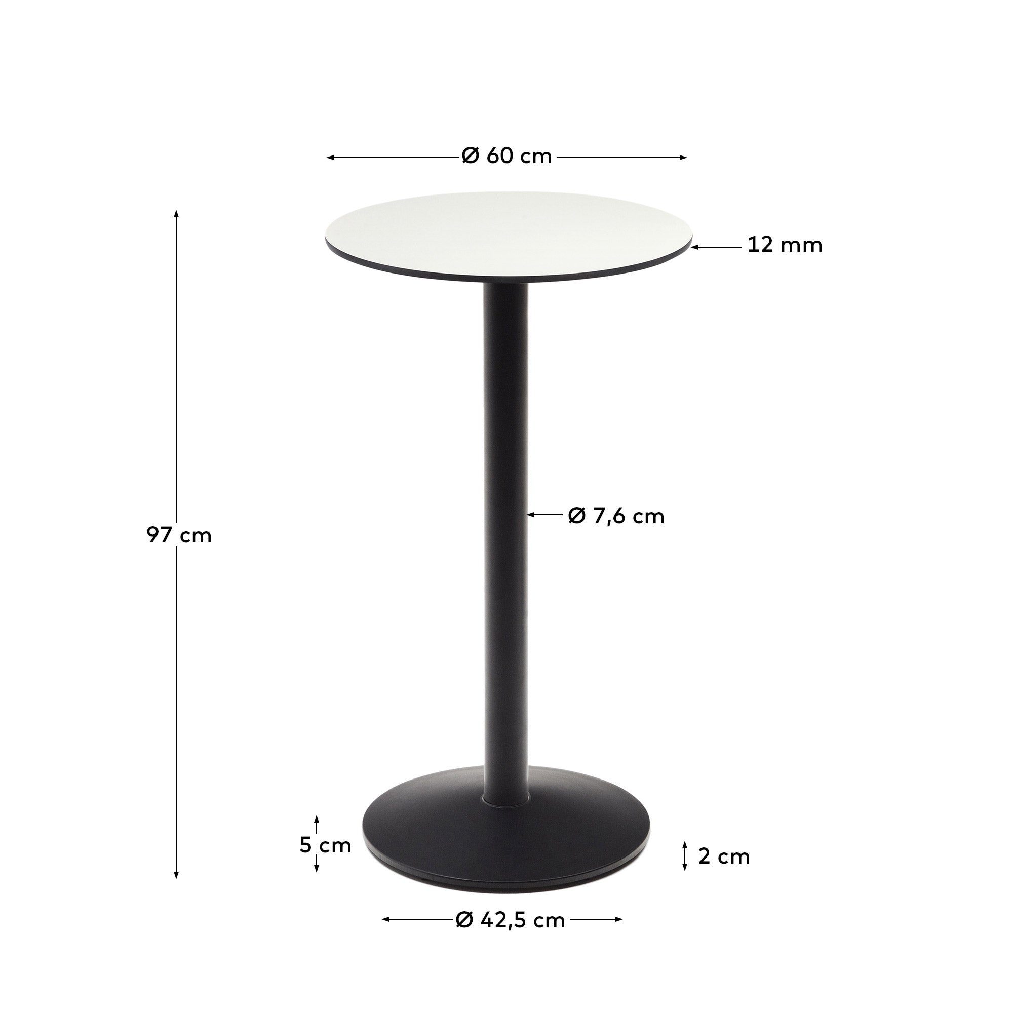Esilda high round outdoor table in white with metal leg in a painted black finish, Ø 60 x 96 cm - Measurements