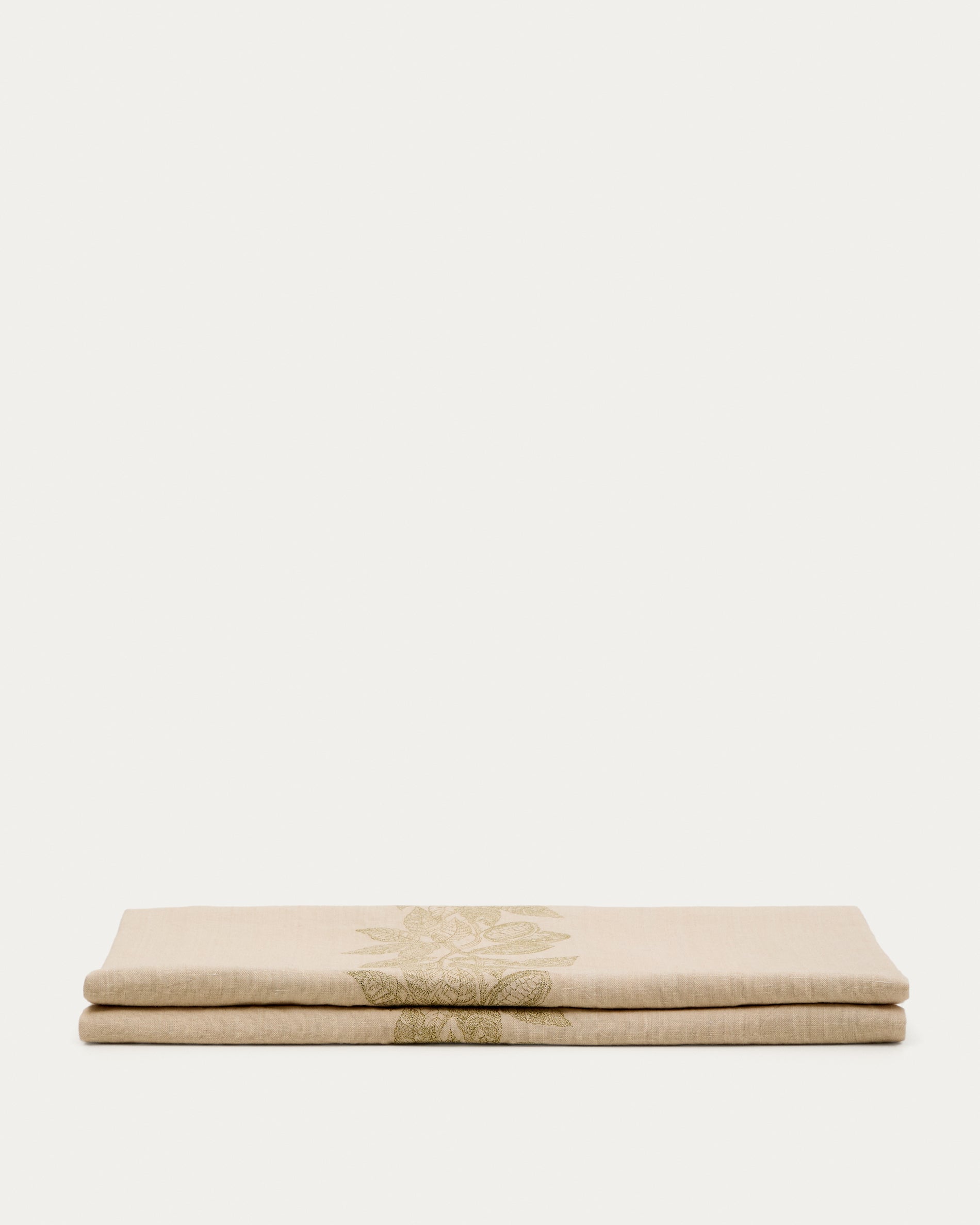 Oreti tablecloth in beige cotton and linen and cocoa embroidery feature, 150x250cm - Product View