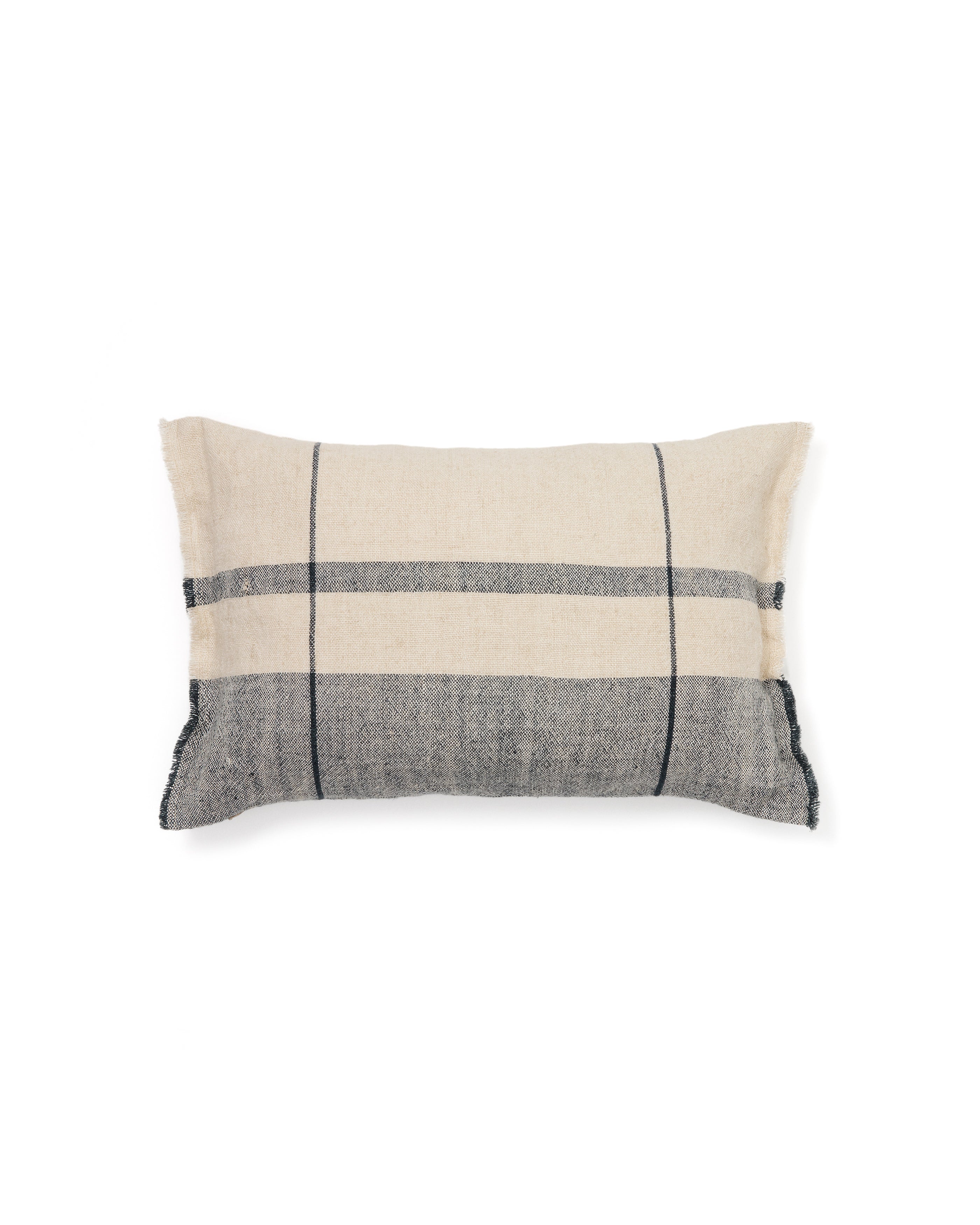 Eron beige and blue checked linen cushion cover with fringing 40 x 60cm - Product Image