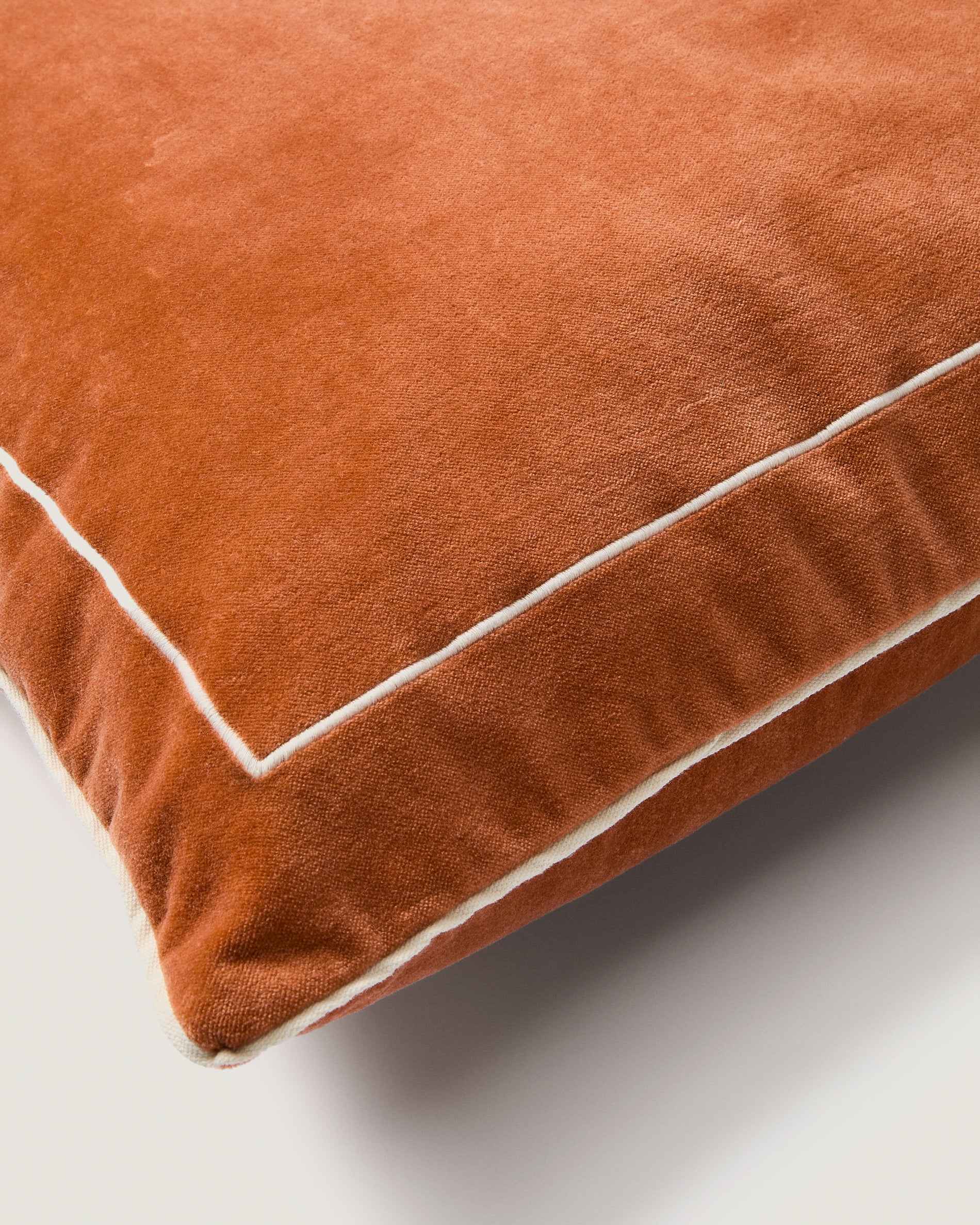 Tivani orange embroidered velvet cushion cover with contrasting trim 45 x 45cm - Detail