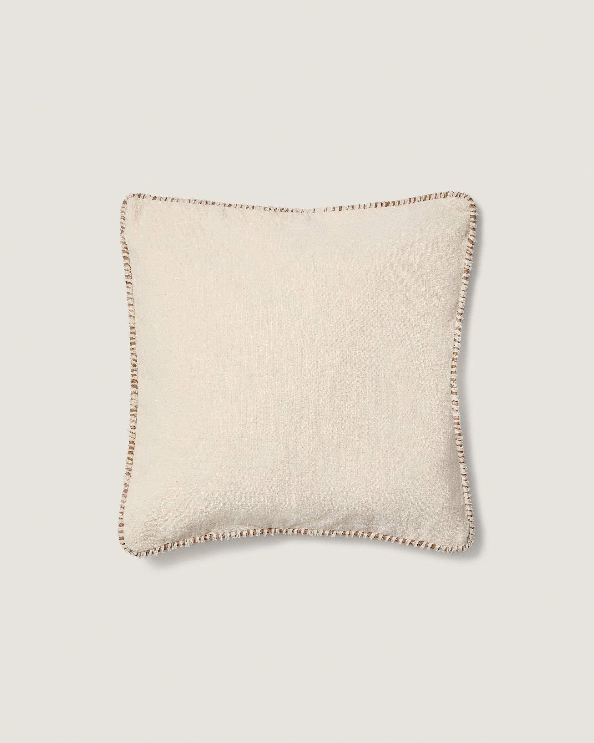 Enari beige cotton cushion cover with contrasting brown trim 50 x 50cm - Product View