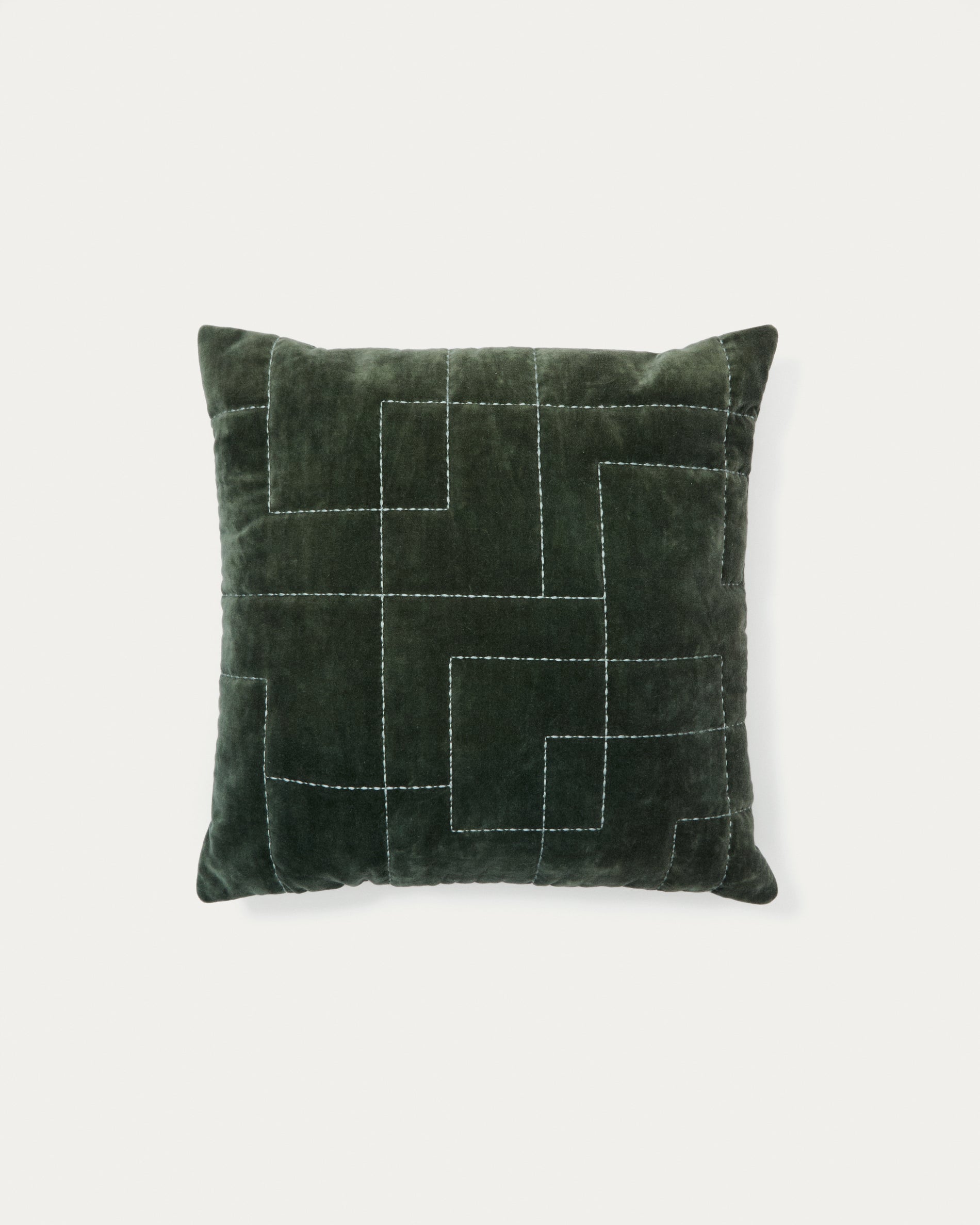 Prila green velvet cotton cushion cover with geometric embroidery feature, 45 x 45 cm - Product View