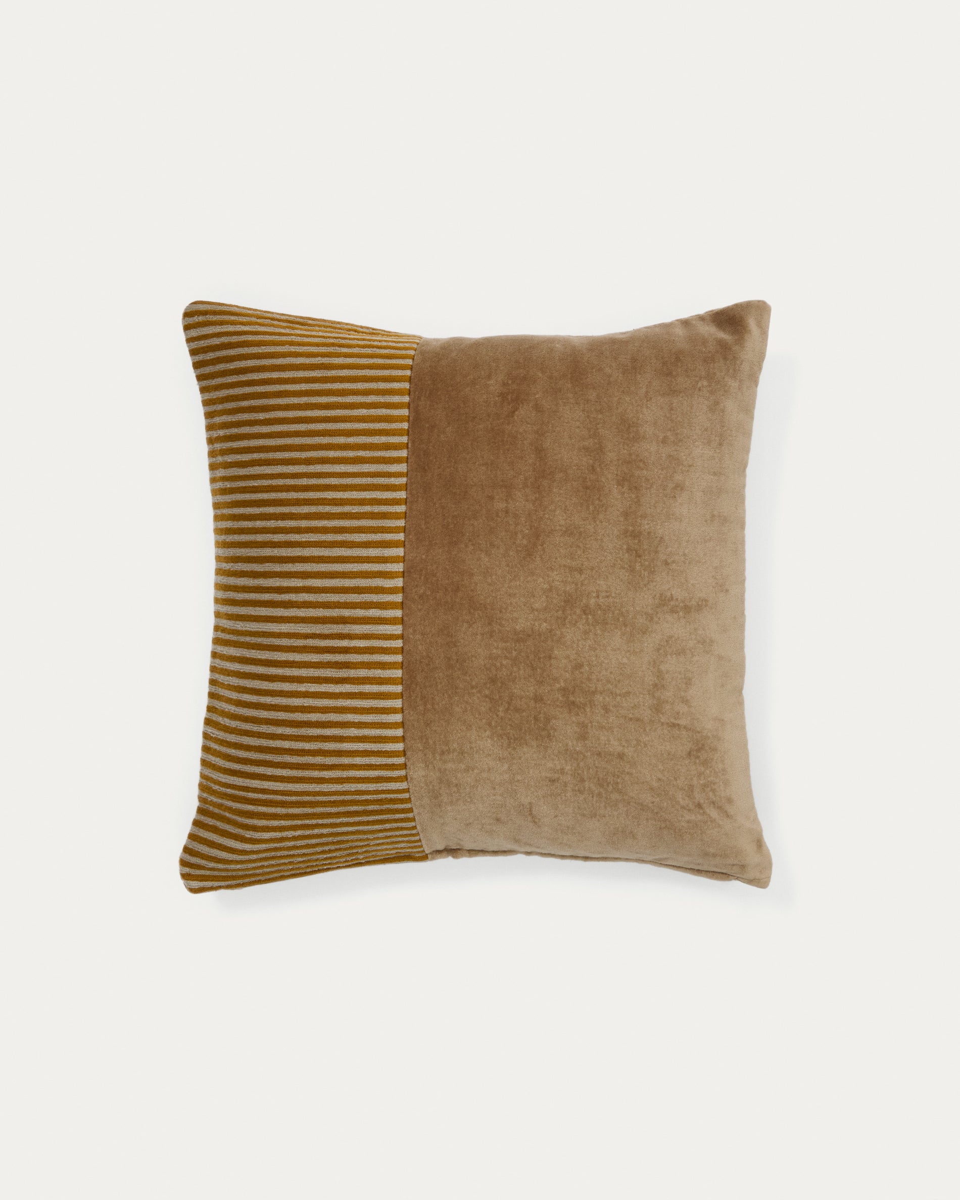 Samit 100% cotton velvet cushion cover with contrasting mustard-coloured stripes, 45 x 45 cm - Product View