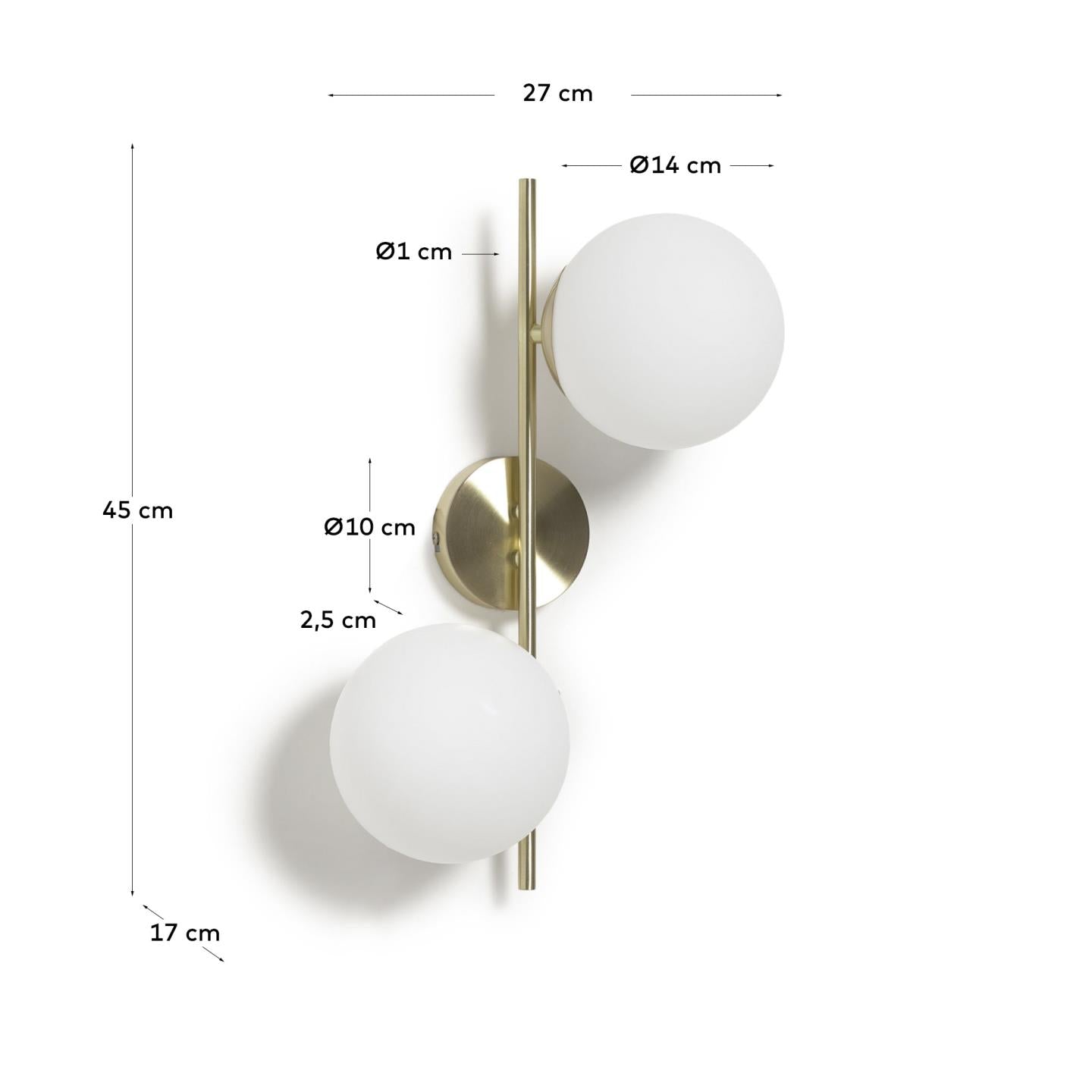 Mahala steel wall light with brass finish and two frosted glass spheres - Measurements