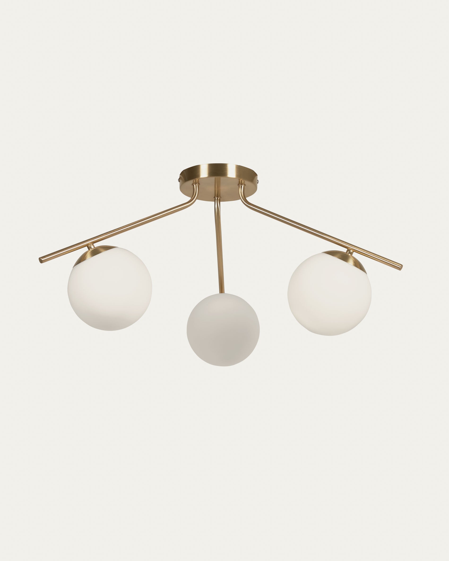Mahala steel ceiling light with brass finish and three frosted glass spheres - Product View