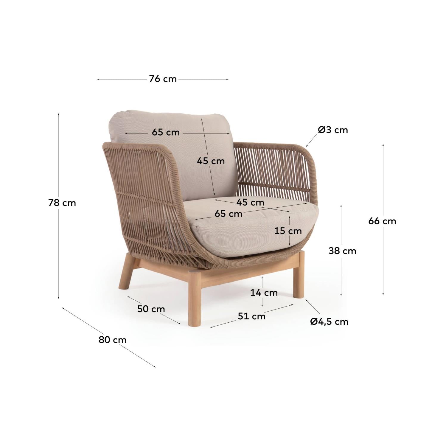 Catalina armchair made with beige rope and FSC solid acacia wood - Measurements