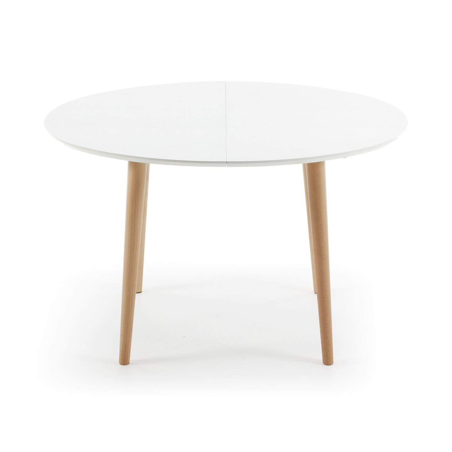 Oqui ovális kihúzható MDF asztal fehér lakkozással és tömör bükkfa lábakkal, 120 (200) x 90 cm