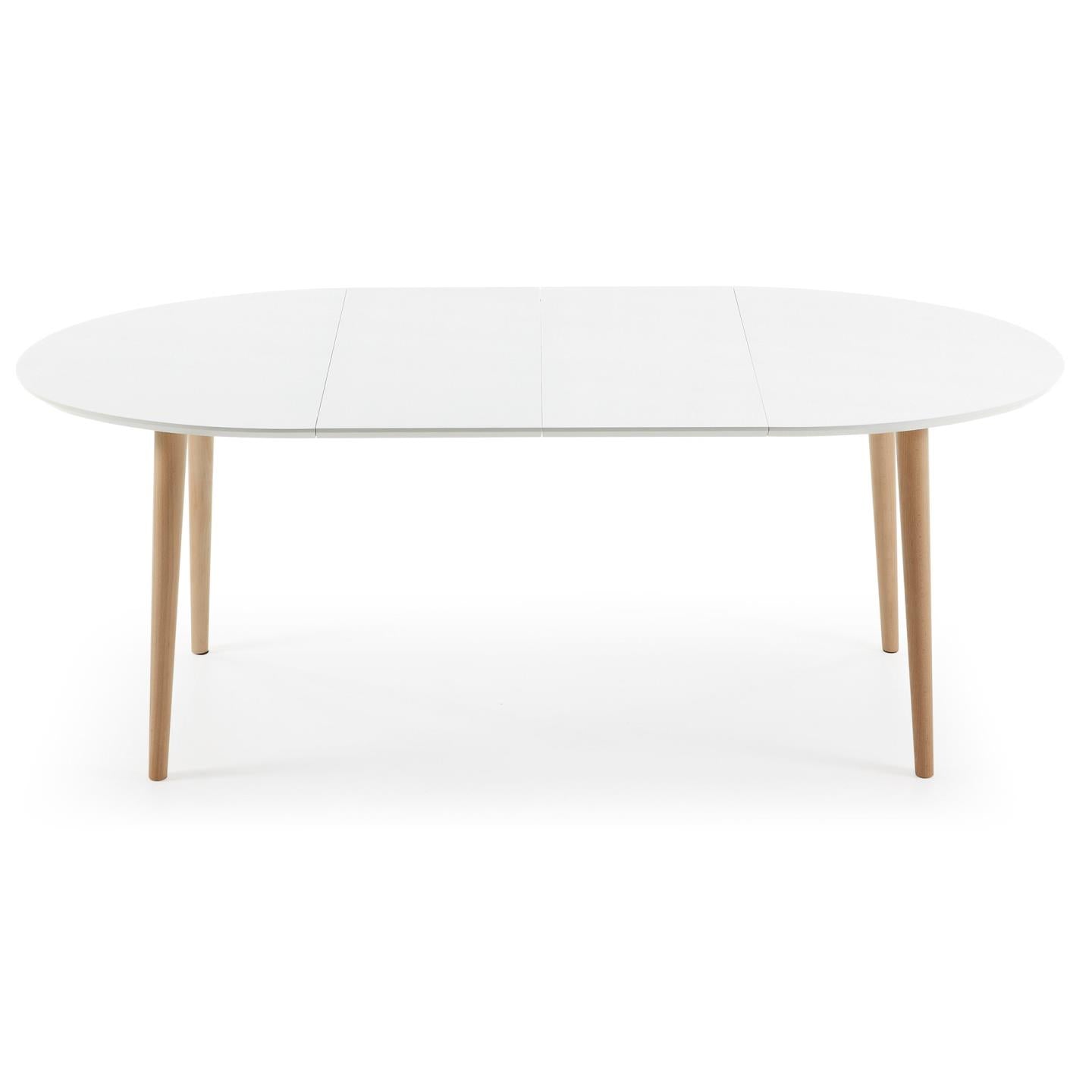 Oqui ovális kihúzható MDF asztal fehér lakkozással és tömör bükkfa lábakkal, 120 (200) x 90 cm