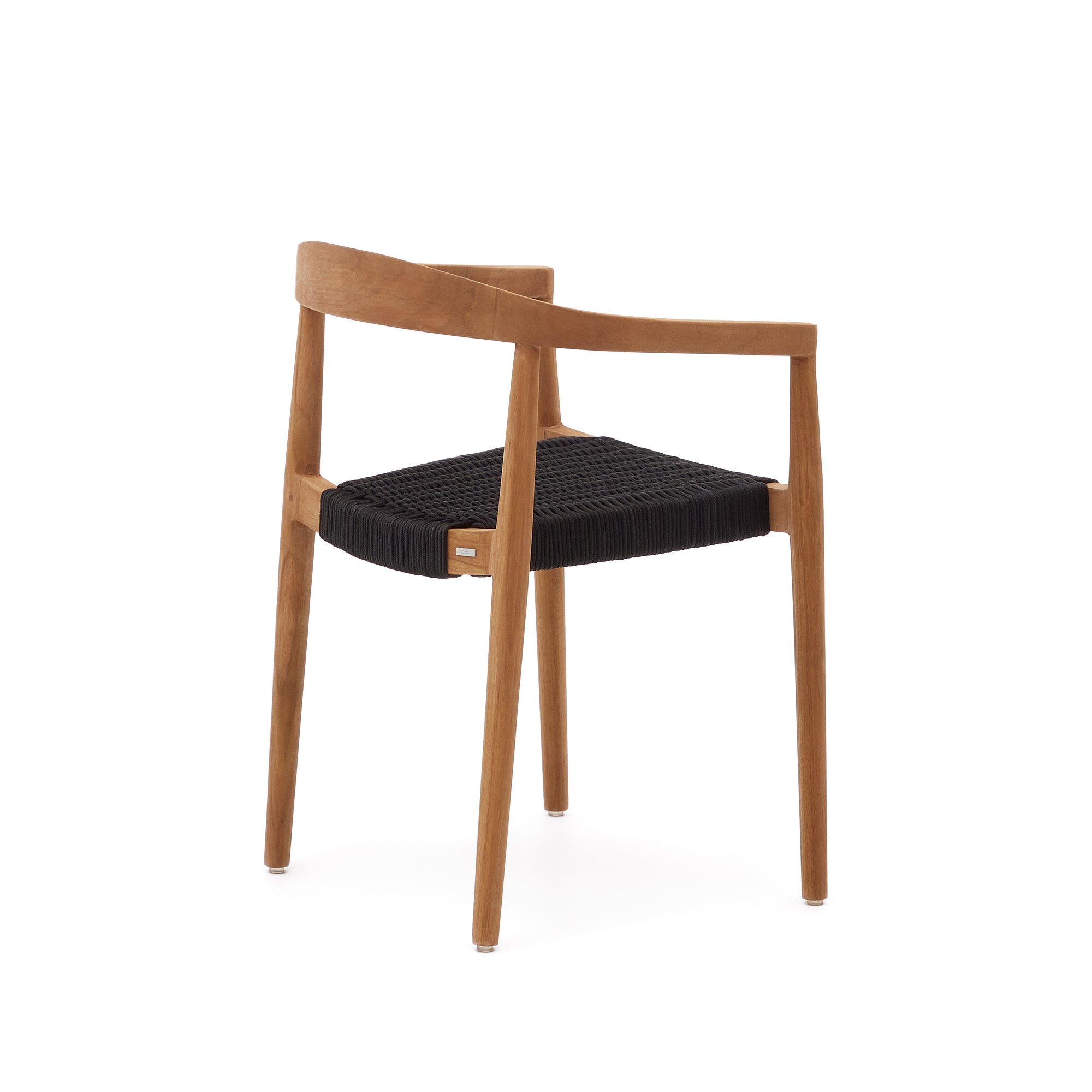 Ydalia stackable outdoor chair in solid teak wood with natural finish and black rope