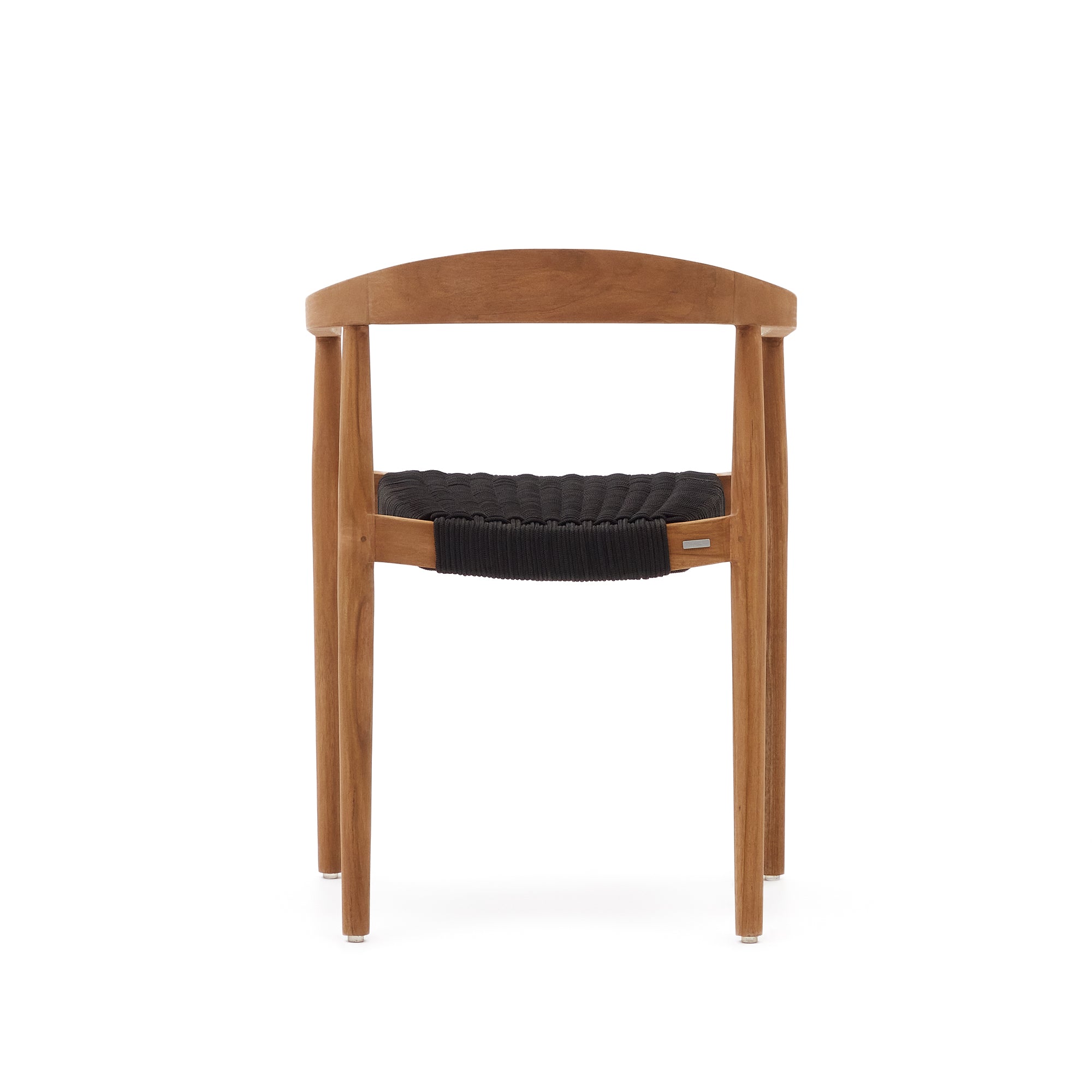 Ydalia stackable outdoor chair in solid teak wood with natural finish and black rope