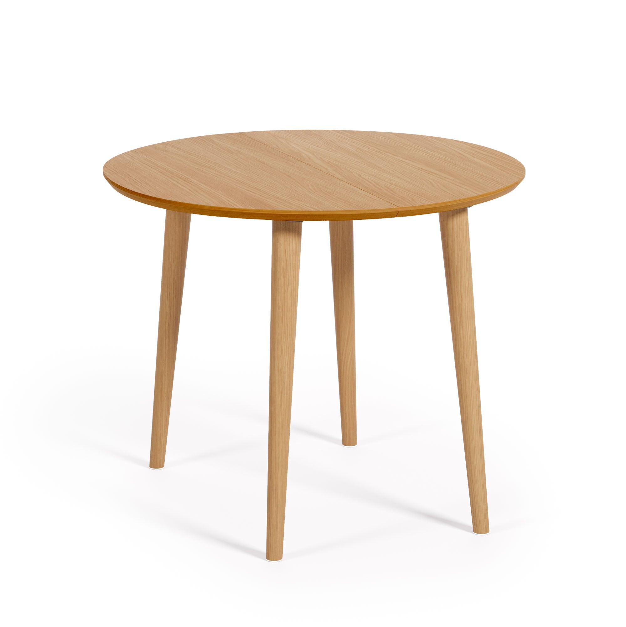 Oqui kihúzható kerek MDF asztal tölgyfurnér és tömörfa lábakkal, 90 (170) x 90 cm