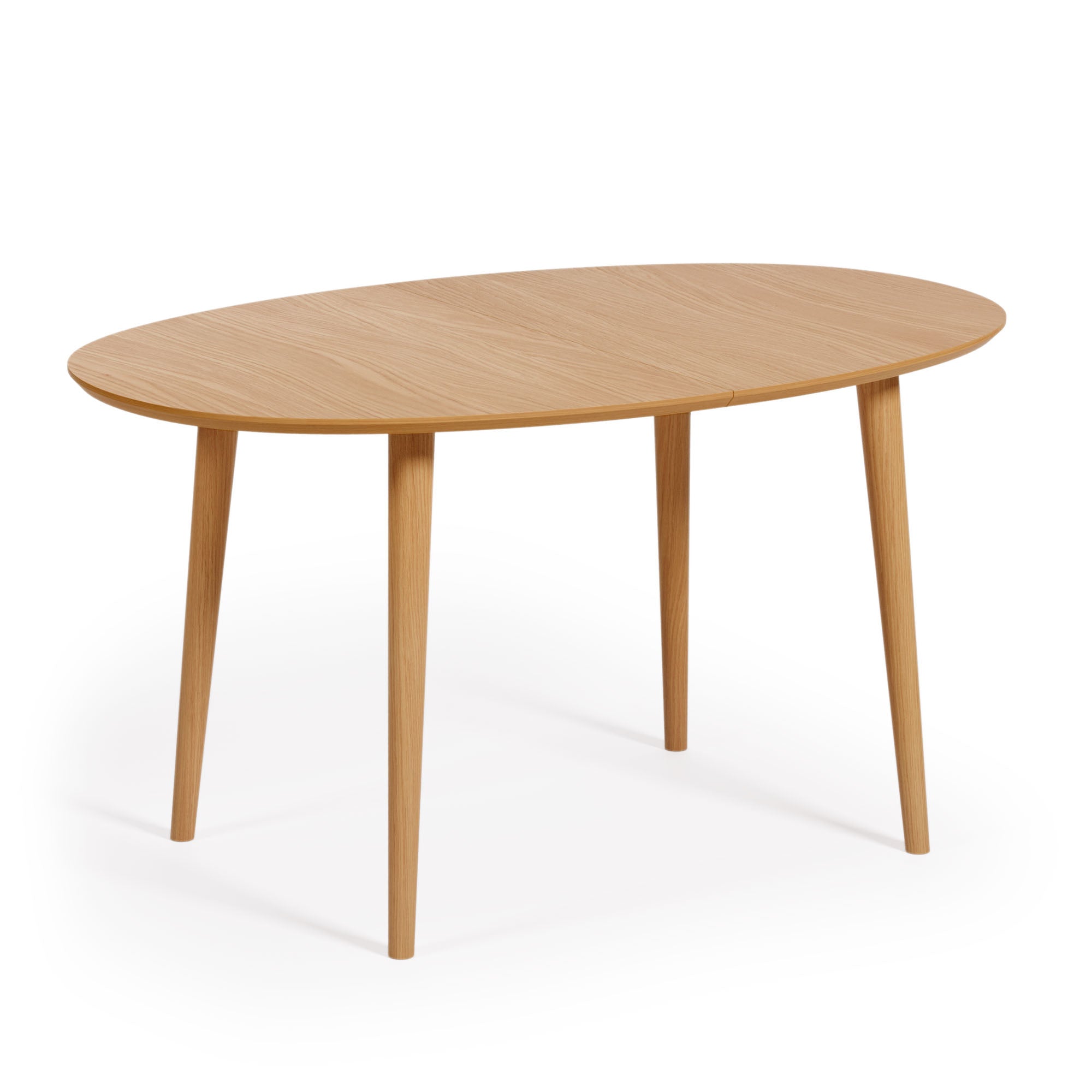 Oqui kihúzható ovális asztal tölgyfa furnérral és tömörfa lábakkal, Ø 140 (220) x 90 cm