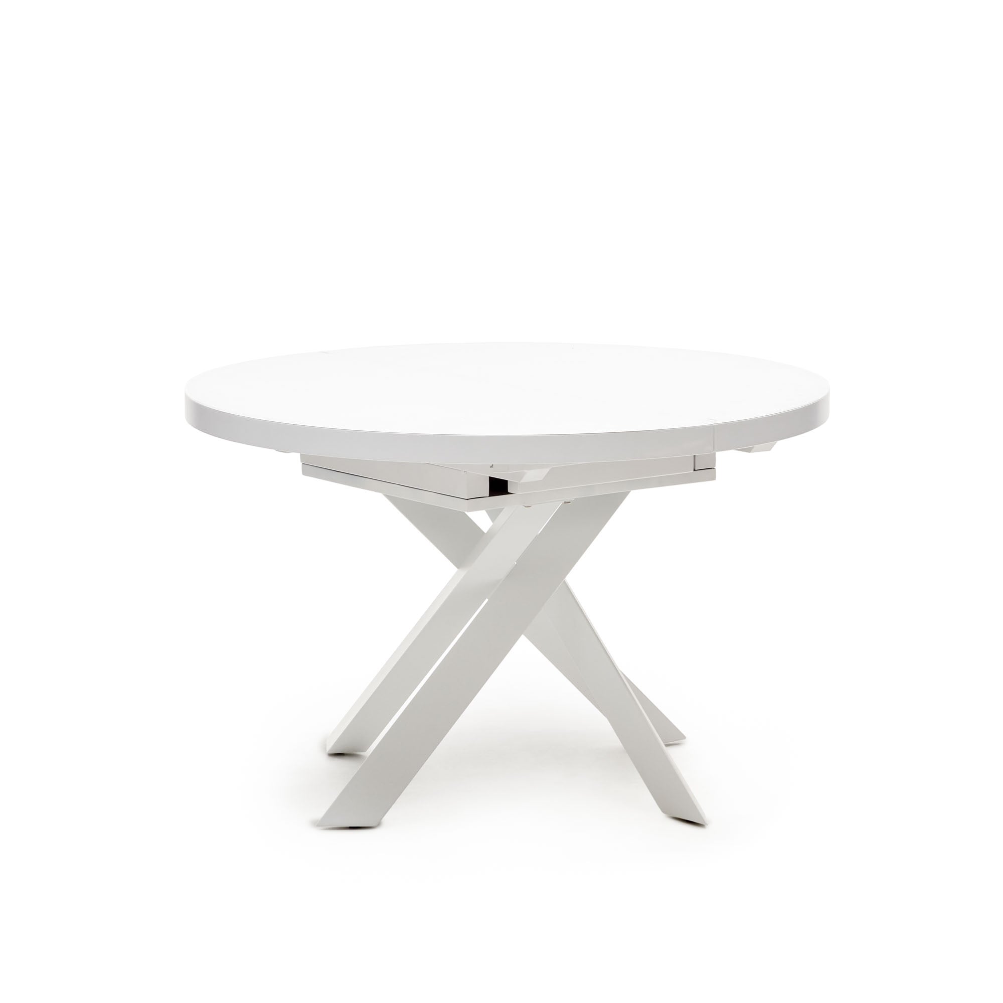 Vashti extendable round table in glass and MDF with steel legs in white, Ø 120(160)x120cm - Product Image