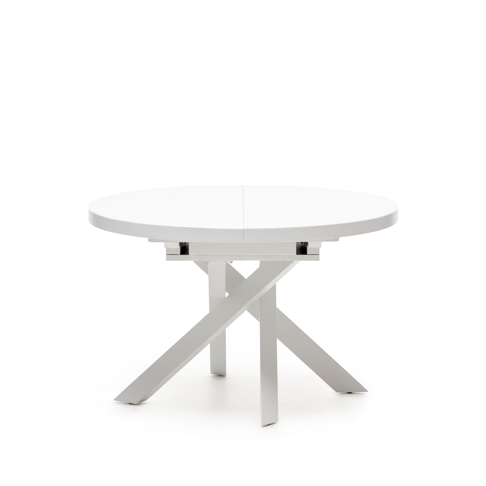 Vashti extendable round table in glass and MDF with steel legs in white, Ø 120(160)x120cm - Product Image