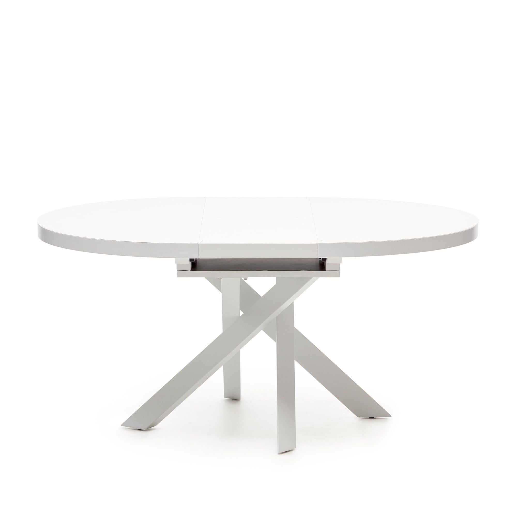Vashti extendable round table in glass and MDF with steel legs in white, Ø 120(160)x120cm - Product Image
