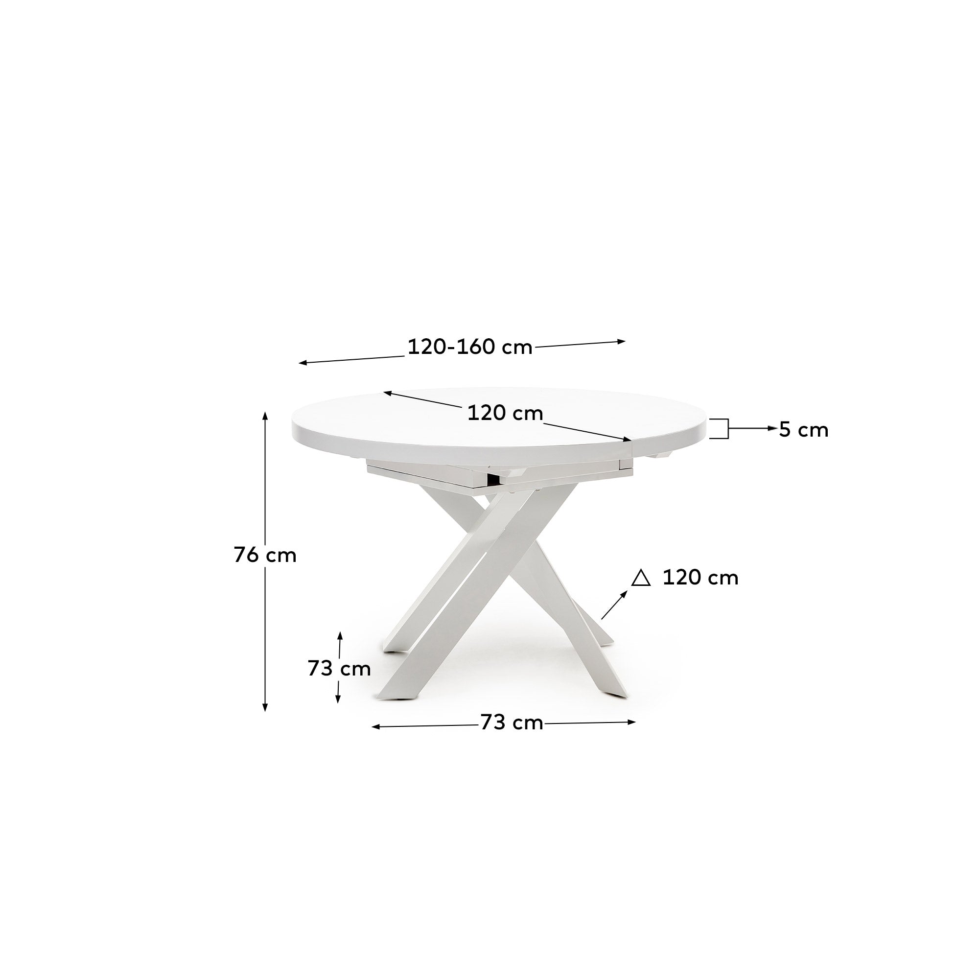 Vashti extendable round table in glass and MDF with steel legs in white, Ø 120(160)x120cm - Measurements