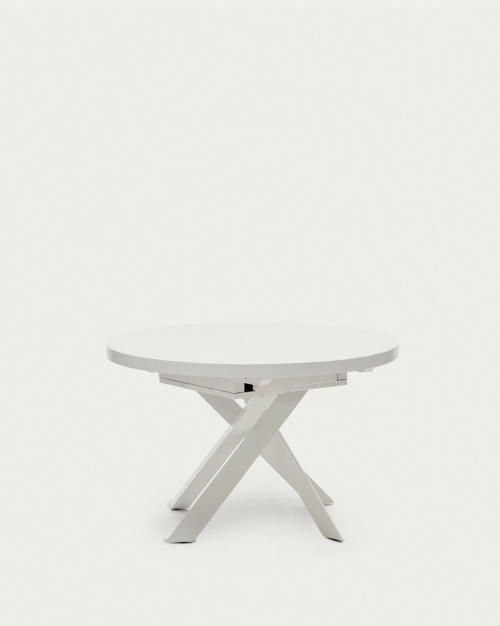 Vashti extendable round table in glass and MDF with steel legs in white, Ø 120(160)x120cm - Product View